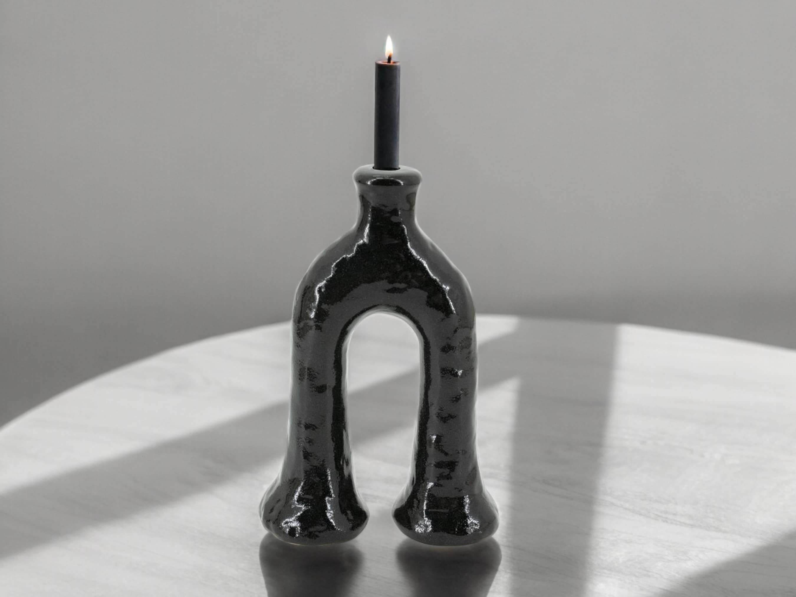 Handcrafted Moroccan  Tamegroute Black Abstract Elephant's Foot Candlestick Sculpture-2