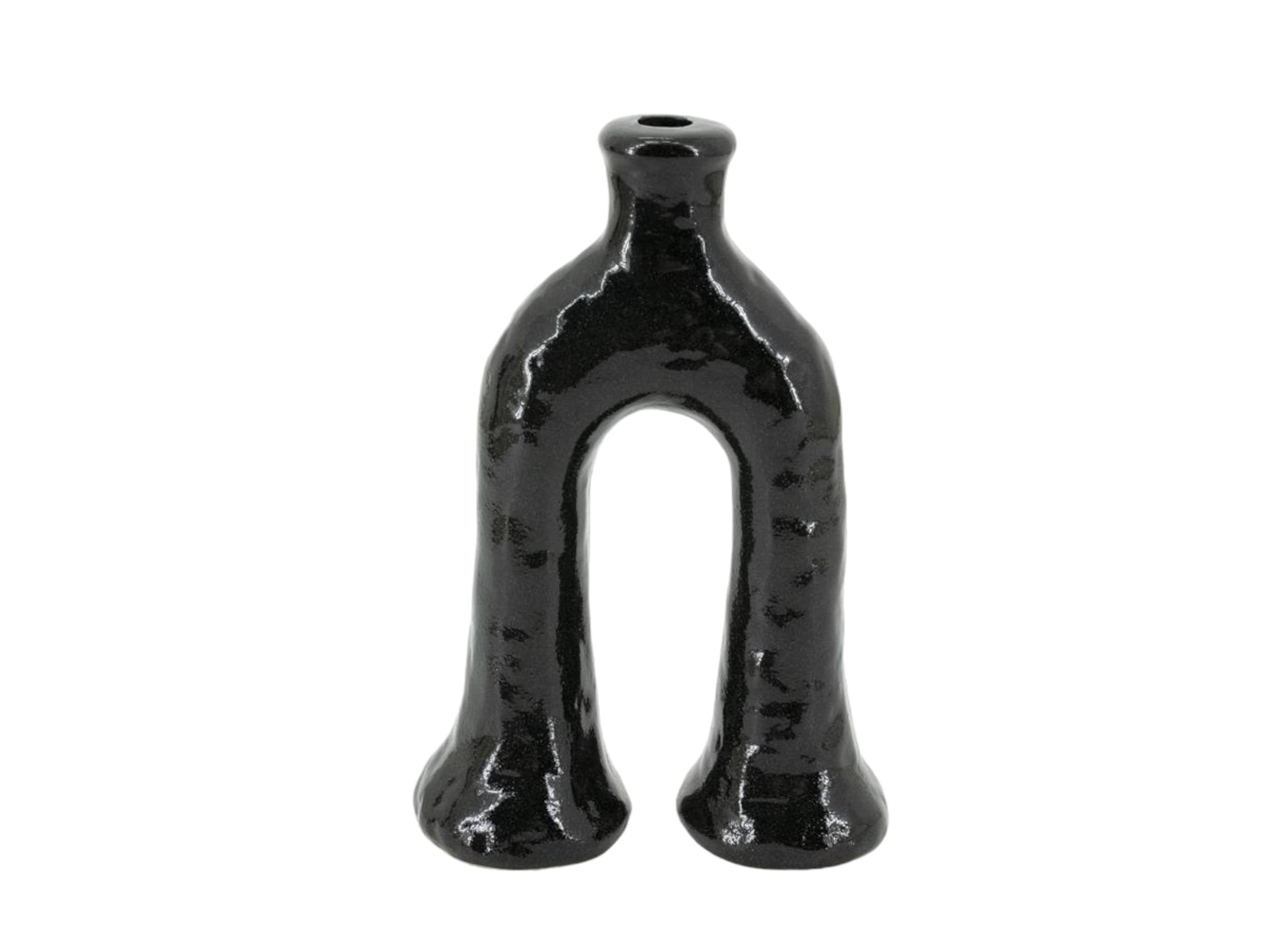 Handcrafted Moroccan  Tamegroute Black Abstract Elephant's Foot Candlestick Sculpture-4