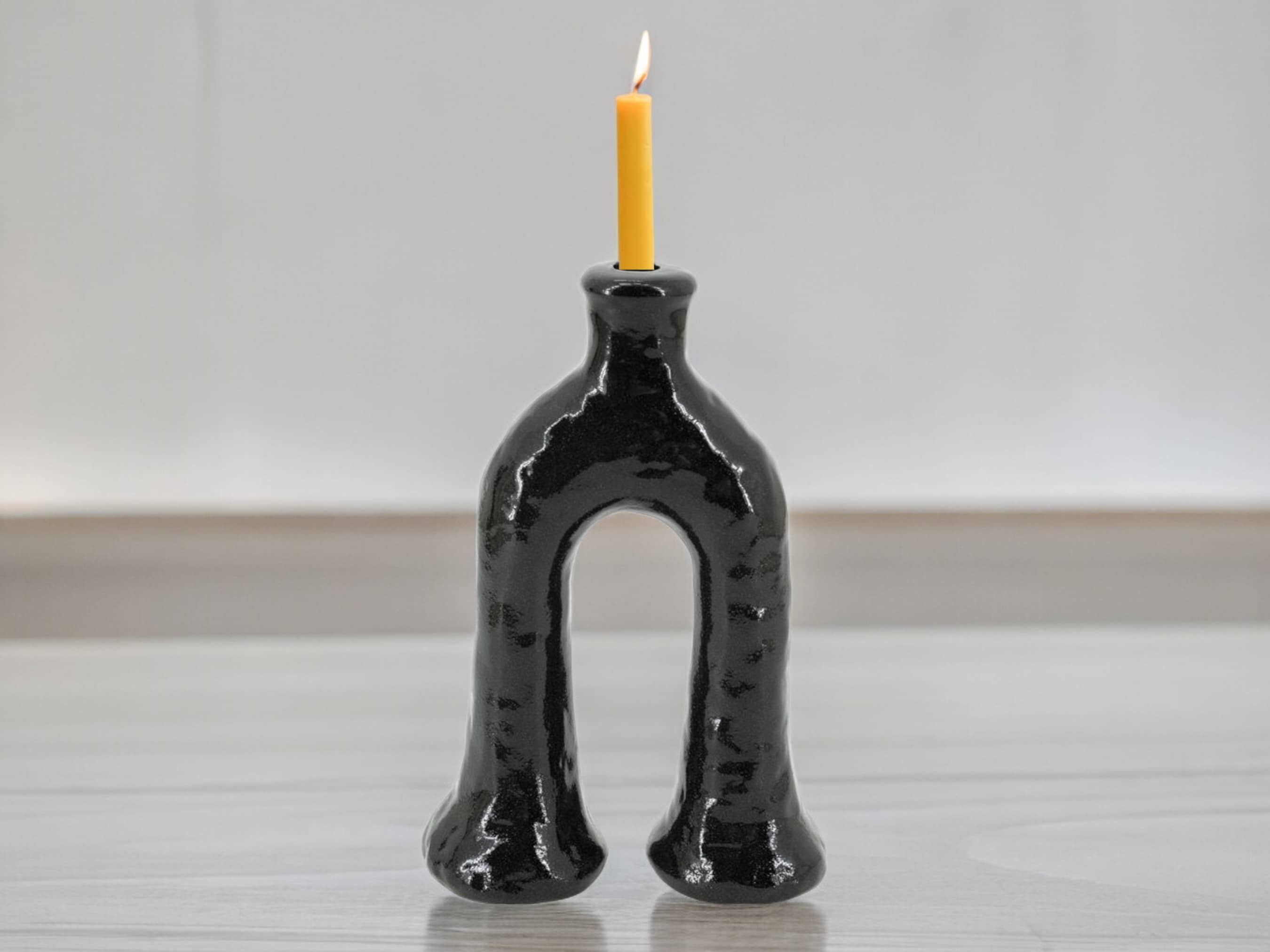 Handcrafted Moroccan  Tamegroute Black Abstract Elephant's Foot Candlestick Sculpture-1