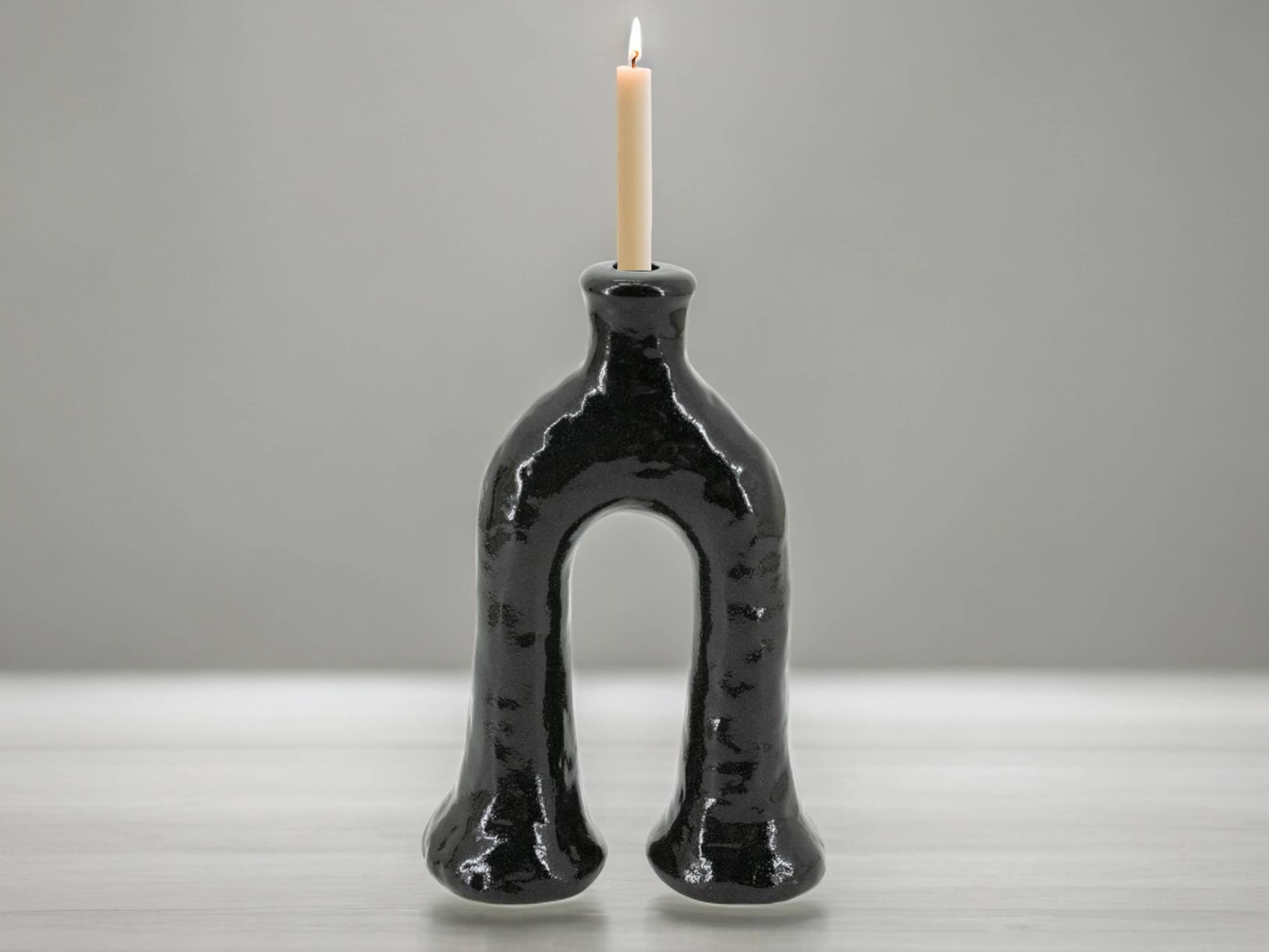 Handcrafted Moroccan  Tamegroute Black Abstract Elephant's Foot Candlestick Sculpture-3