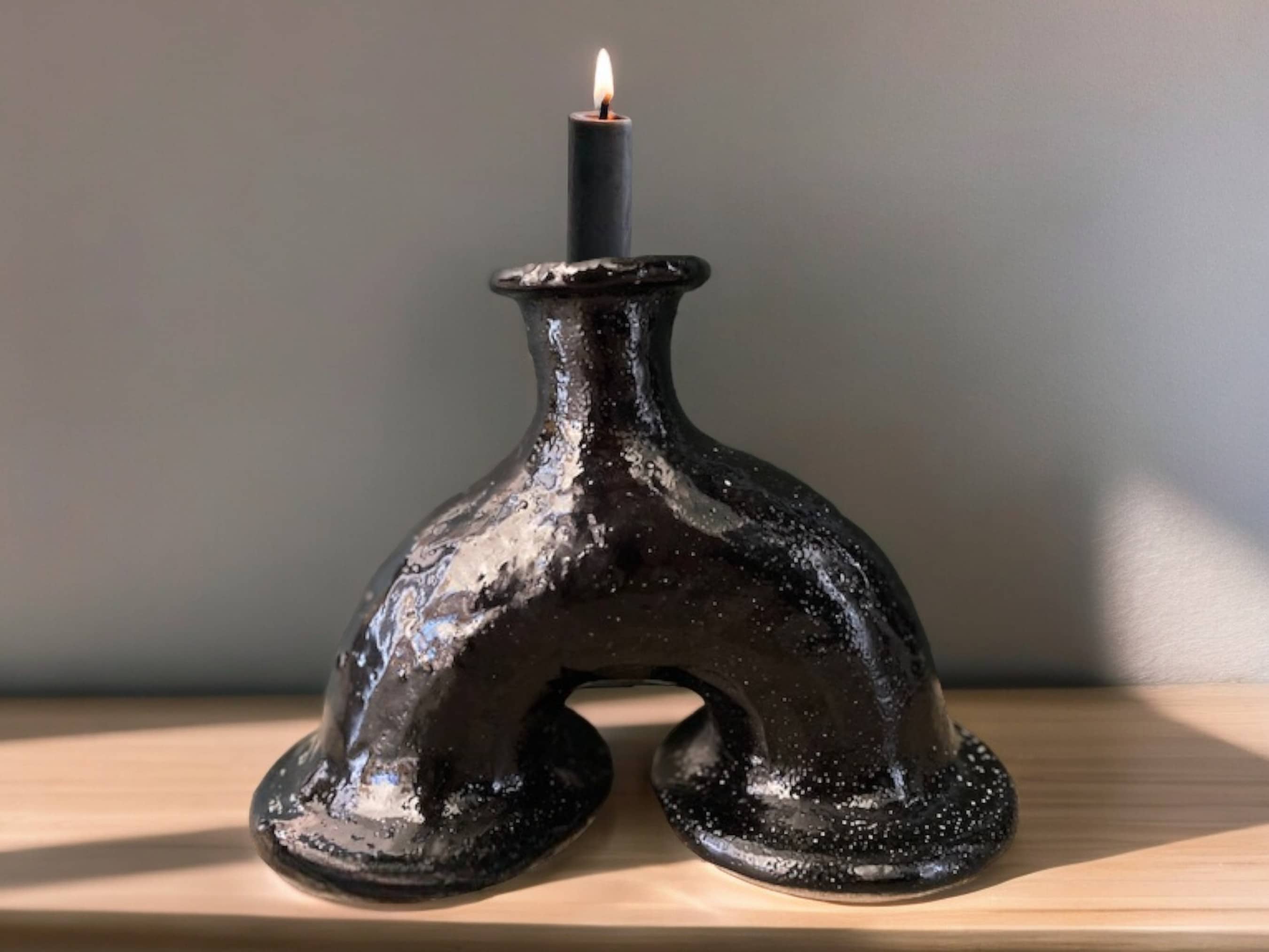 Handcrafted Moroccan Black Tamegroute Abstract Elephant's Foot Candlestick Sculpture-1