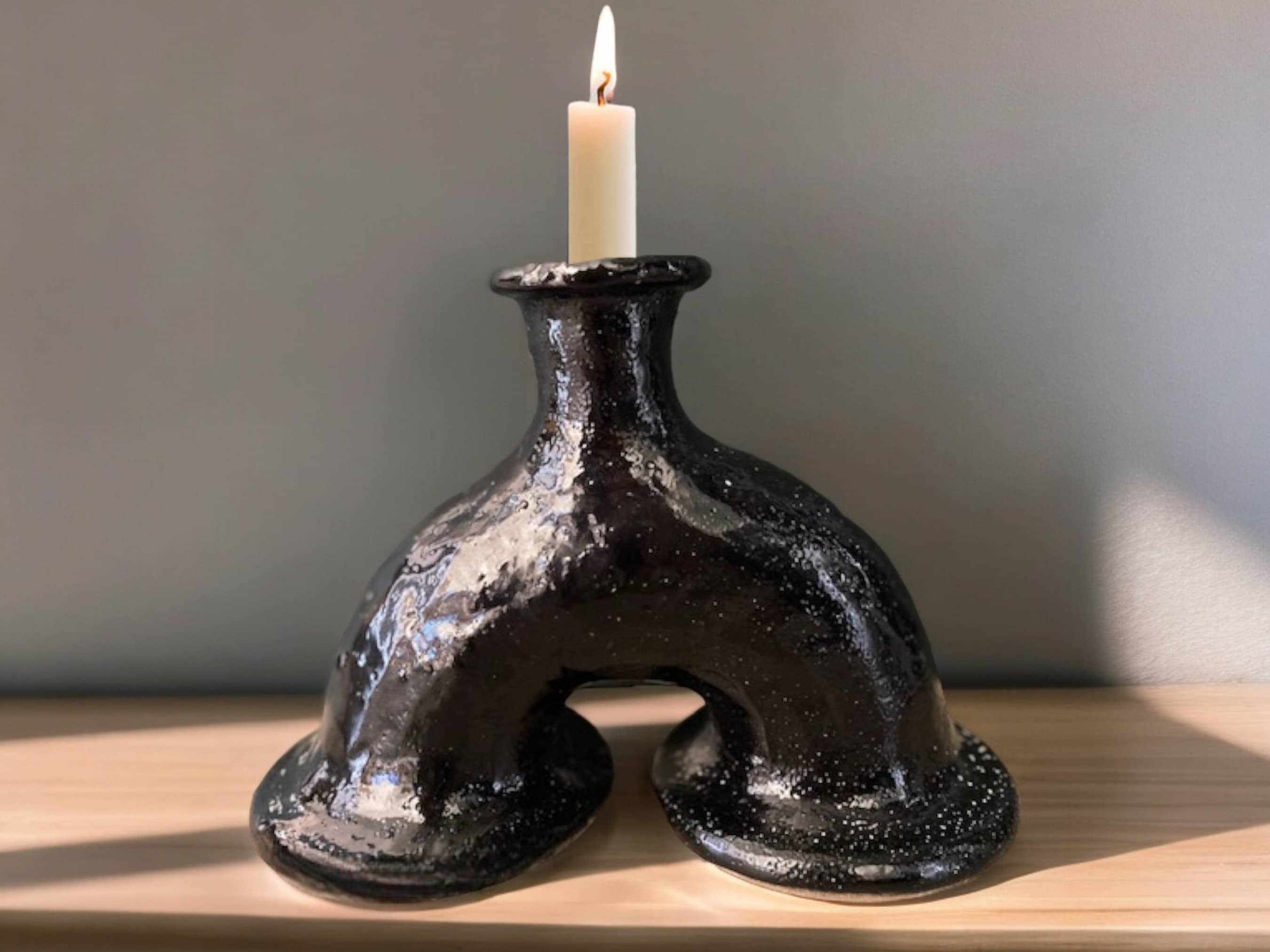 Handcrafted Moroccan Black Tamegroute Abstract Elephant's Foot Candlestick Sculpture-2