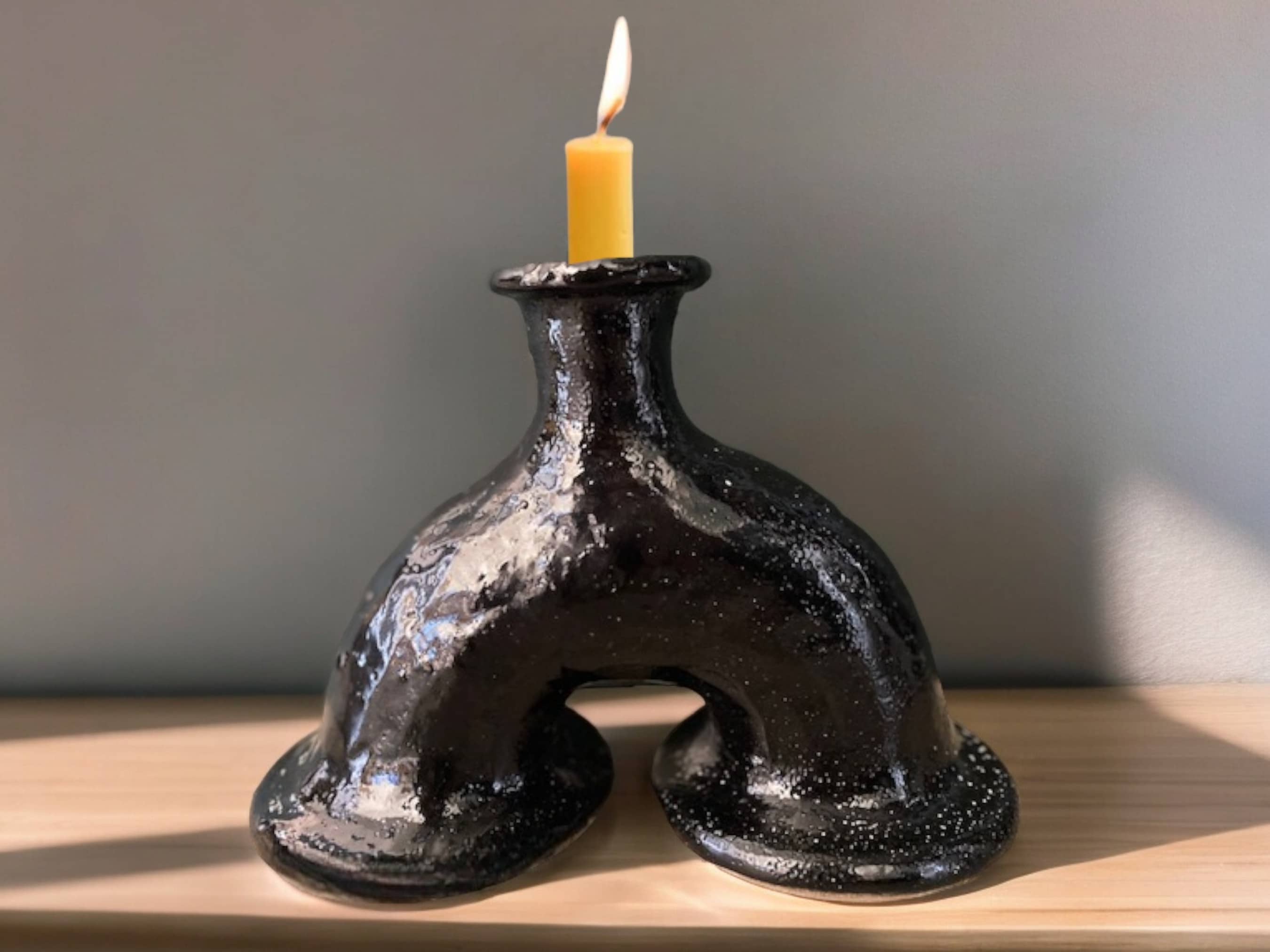 Handcrafted Moroccan Black Tamegroute Abstract Elephant's Foot Candlestick Sculpture-3