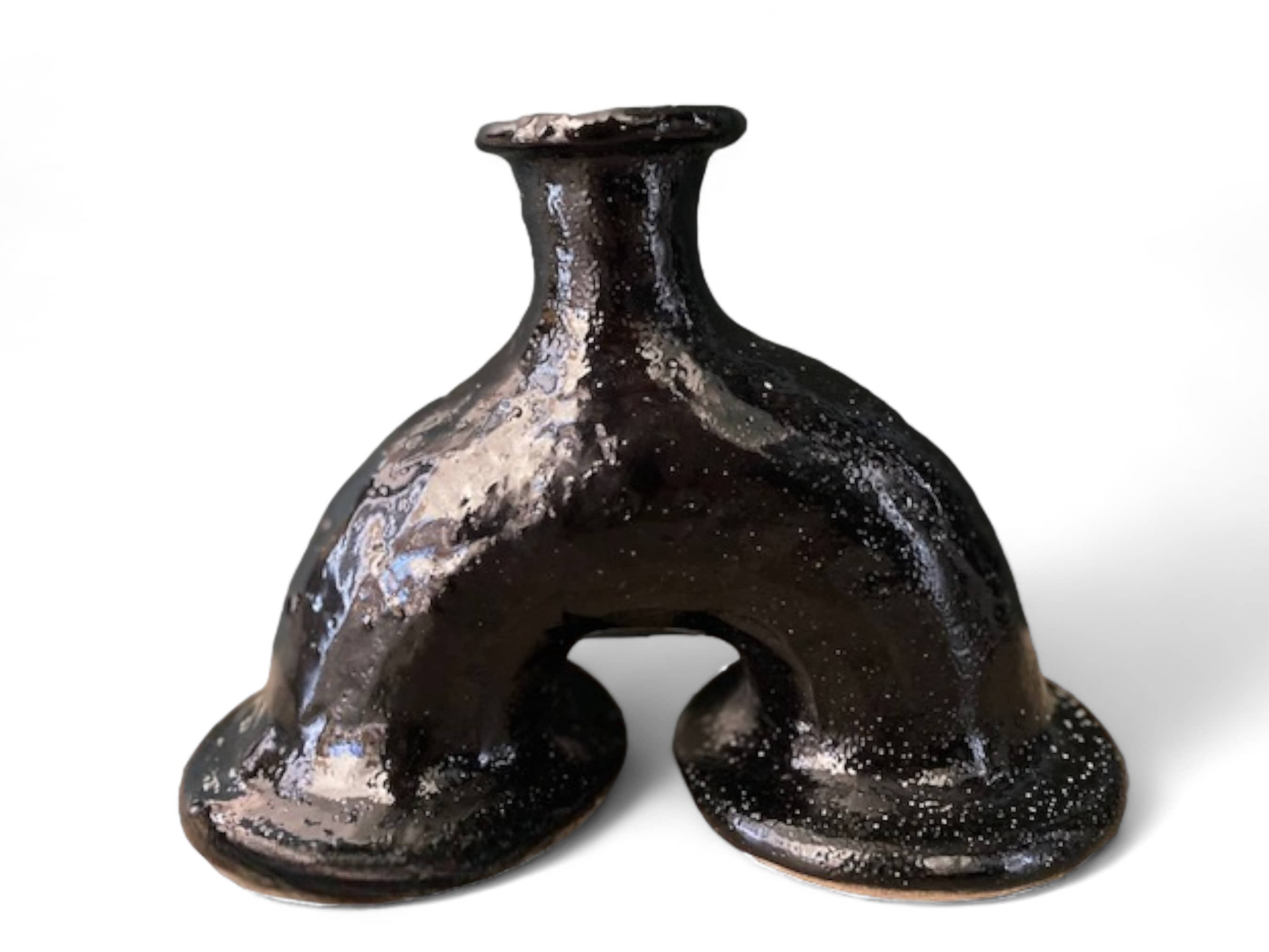 Handcrafted Moroccan Black Tamegroute Abstract Elephant's Foot Candlestick Sculpture-4