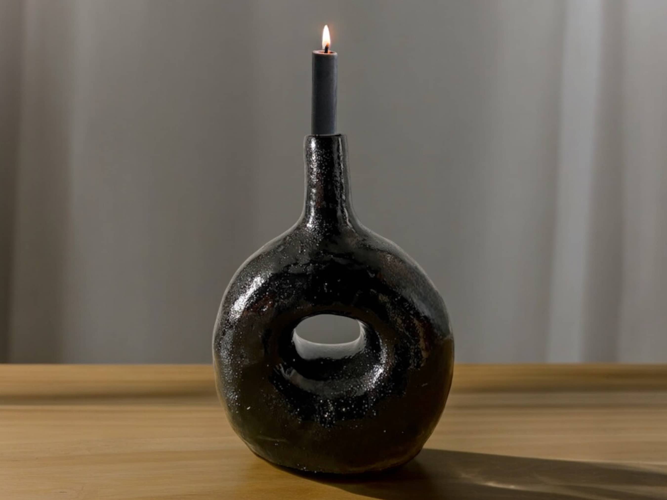 Handcrafted Moroccan  Tamegroute Black Picasso Round Bottle Neck Candlestick Holder-2