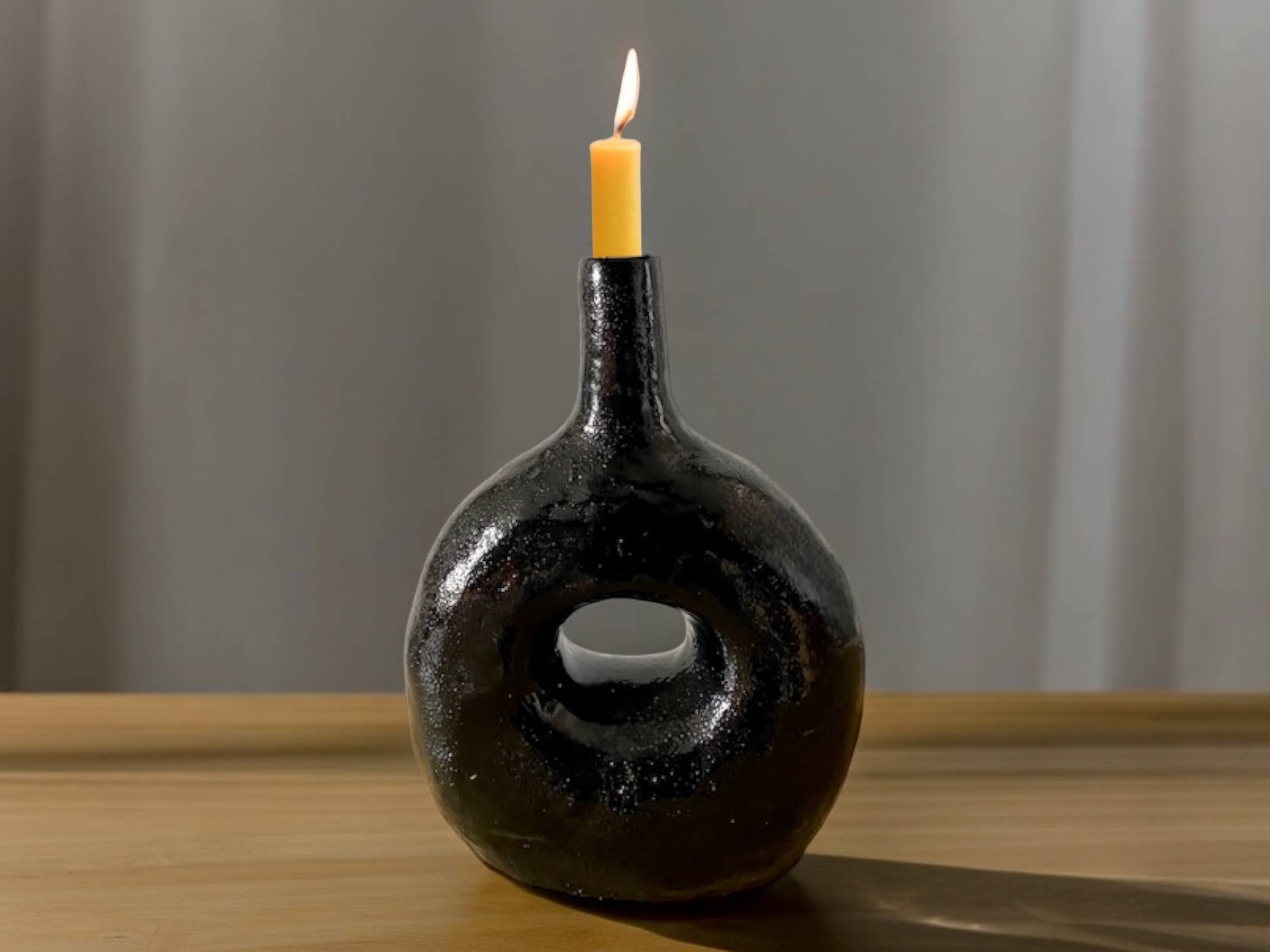 Handcrafted Moroccan  Tamegroute Black Picasso Round Bottle Neck Candlestick Holder-3