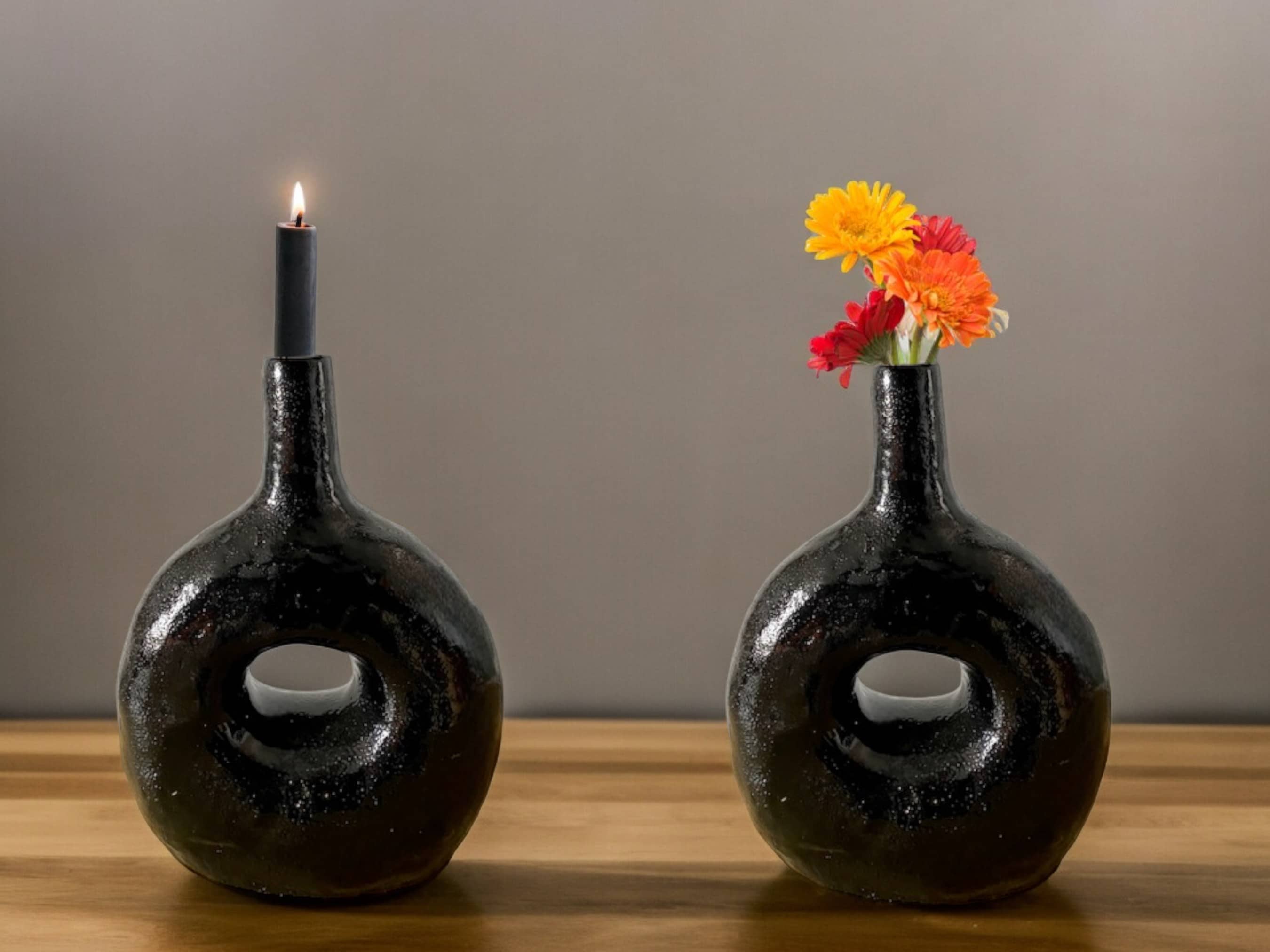 Handcrafted Moroccan  Tamegroute Black Picasso Round Bottle Neck Candlestick Holder-0