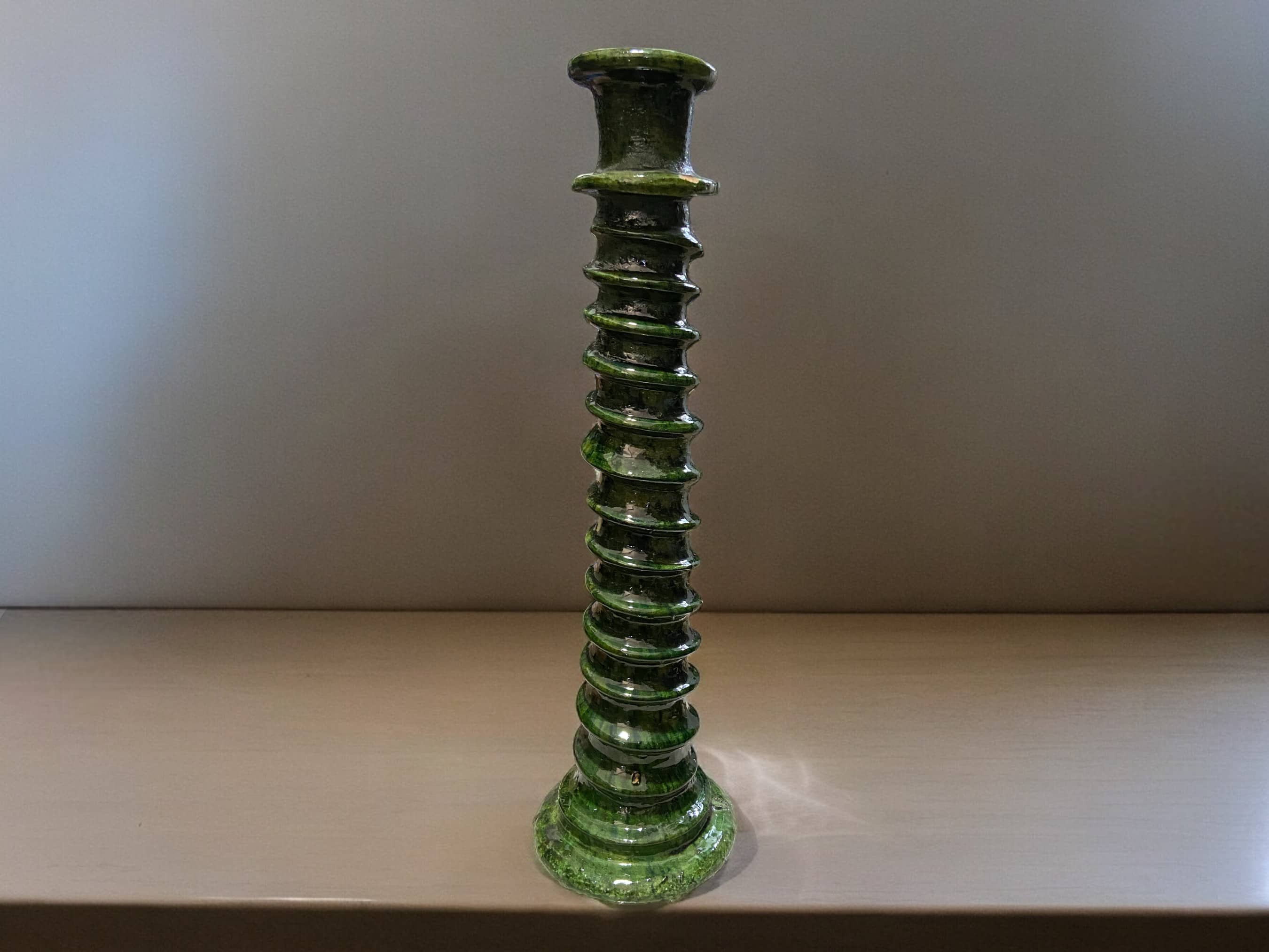 Handcrafted Moroccan Green Tamegroute Large Abstract Twist Sculpture Candlestick Holder-1