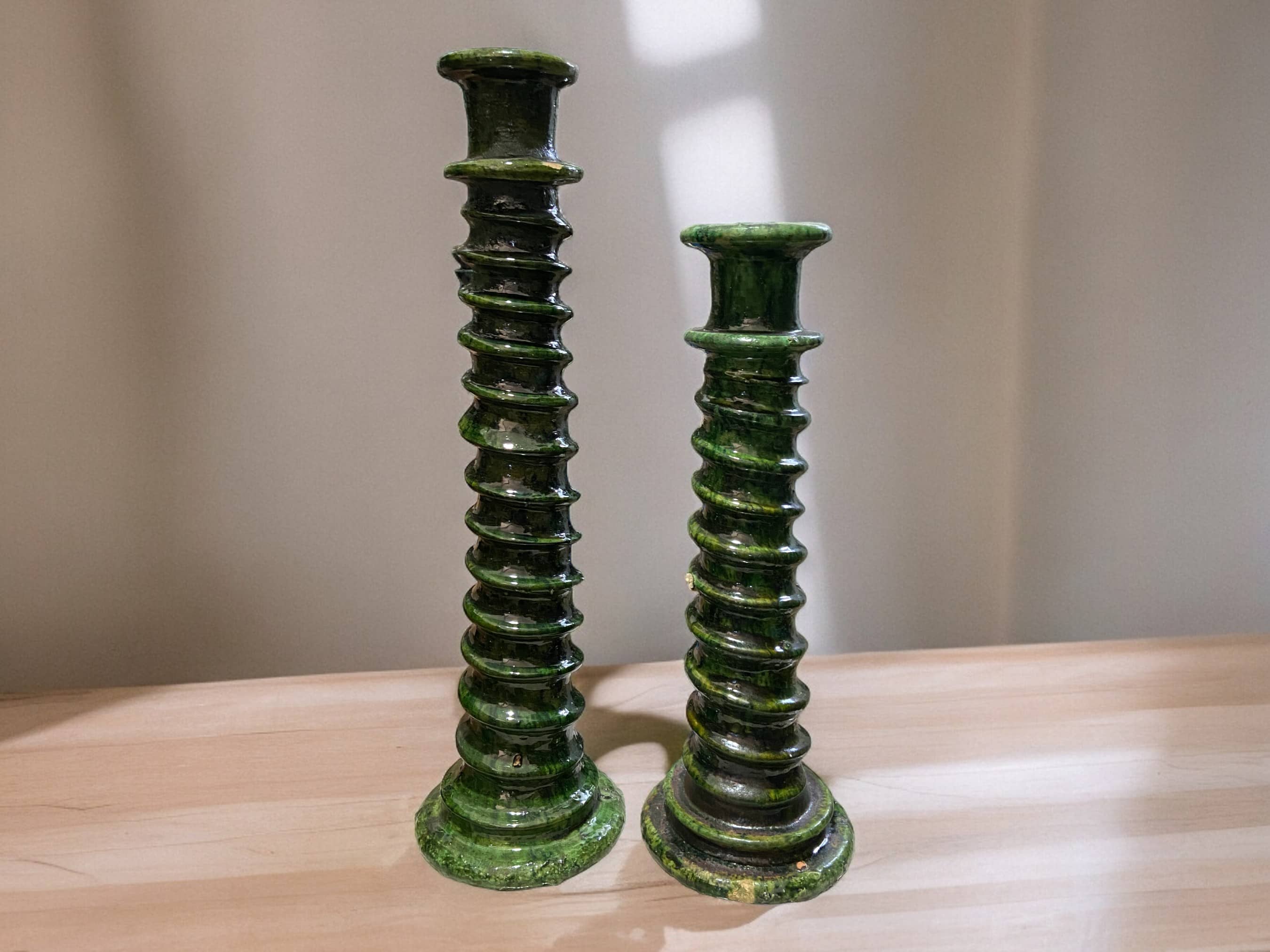 Handcrafted Moroccan Green Tamegroute Large Abstract Twist Sculpture Candlestick Holder-0