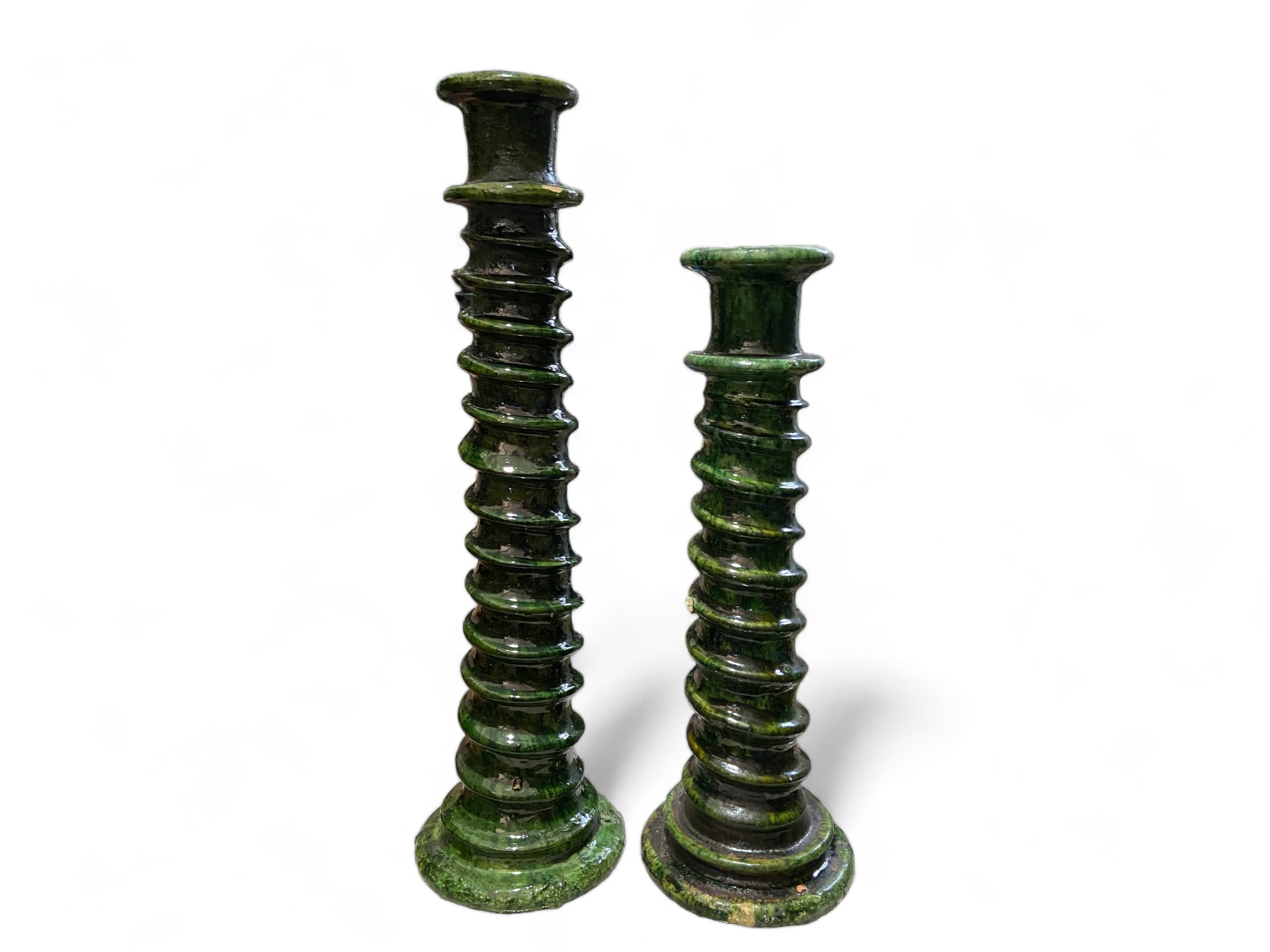 Handcrafted Moroccan Green Tamegroute Large Abstract Twist Sculpture Candlestick Holder-3