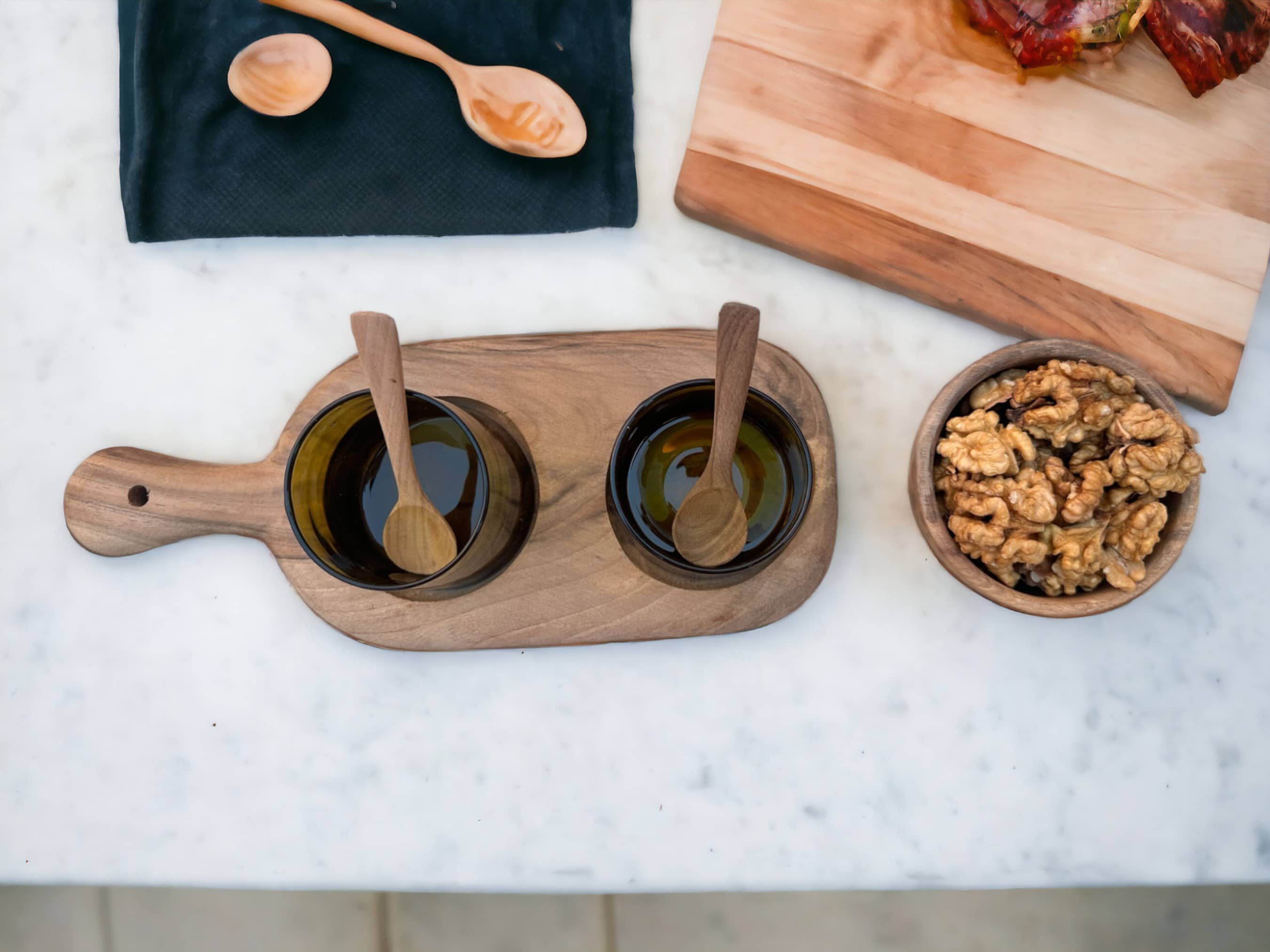 Walnut Wood Serving Set with Handcrafted Recycled Glassware and Walnut Bowl-1