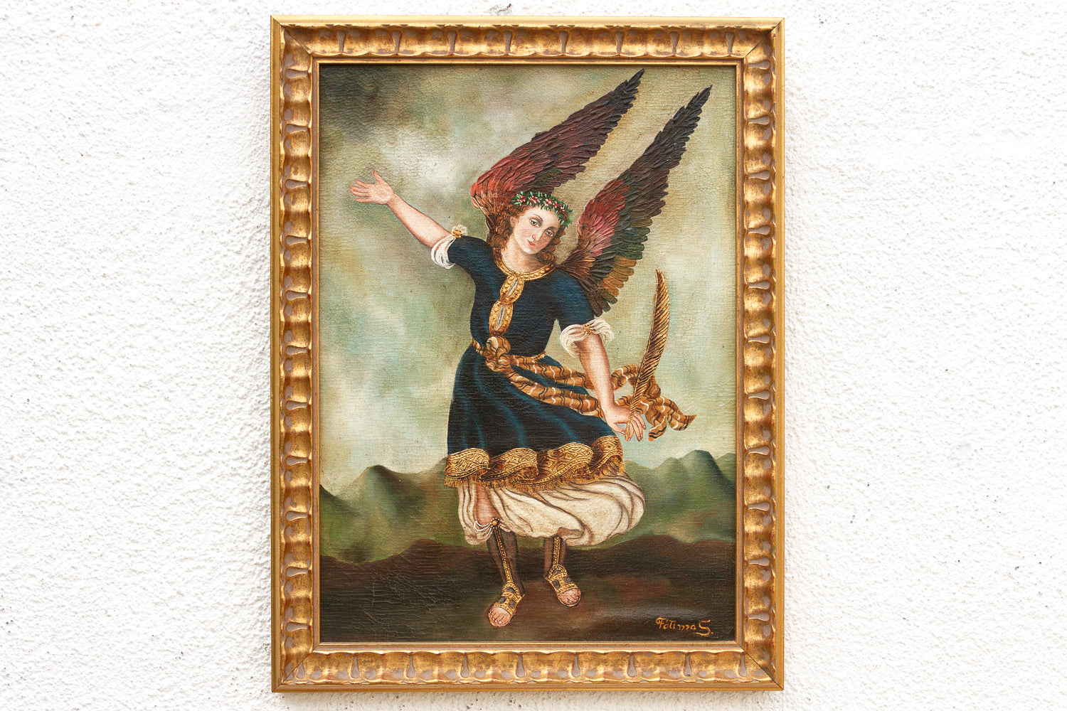Framed Spanish Colonial Arcángel Arcabucero Oil Painting