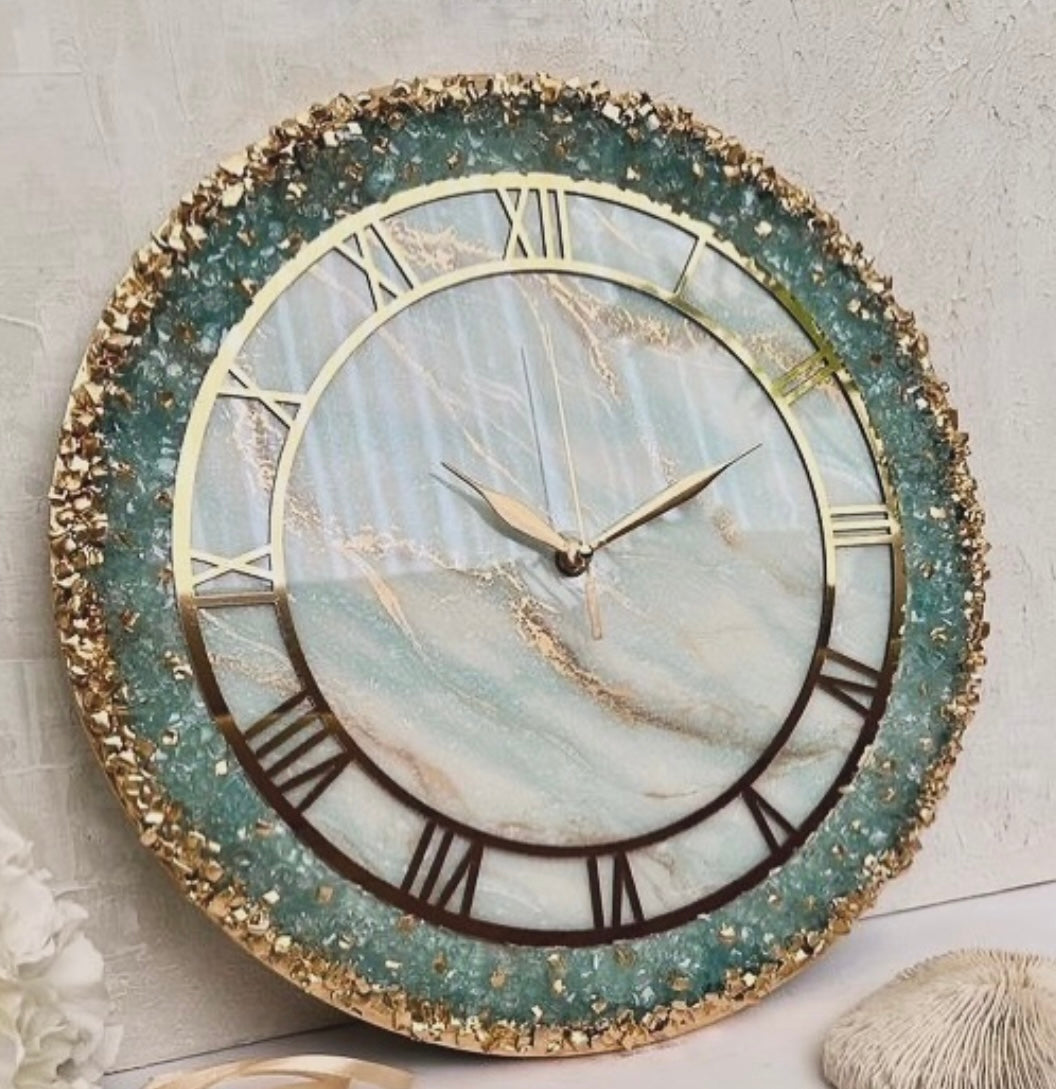 Green Geode Abstract Epoxy Resin Wall Clock For Home Decor-0