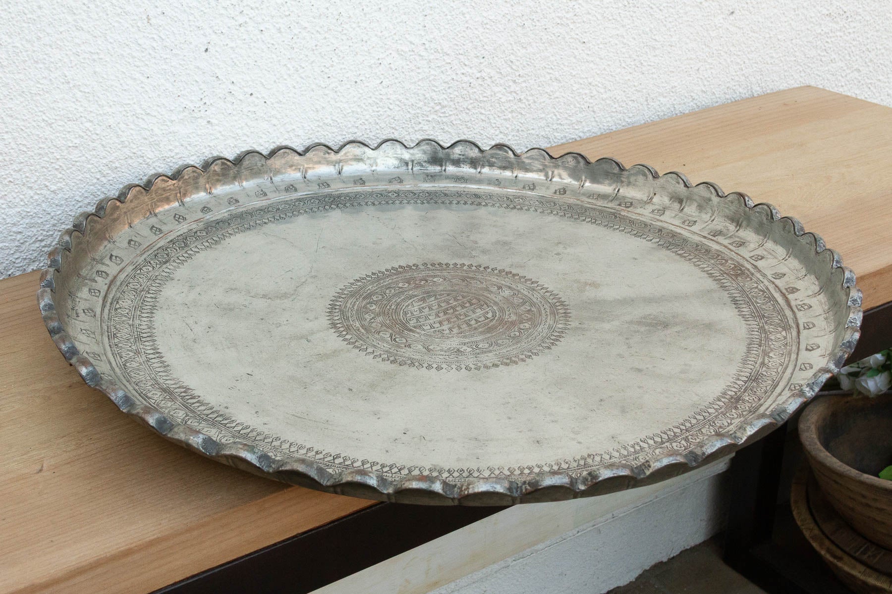 Monumental 26" DM Antique Tinned Copper Tray