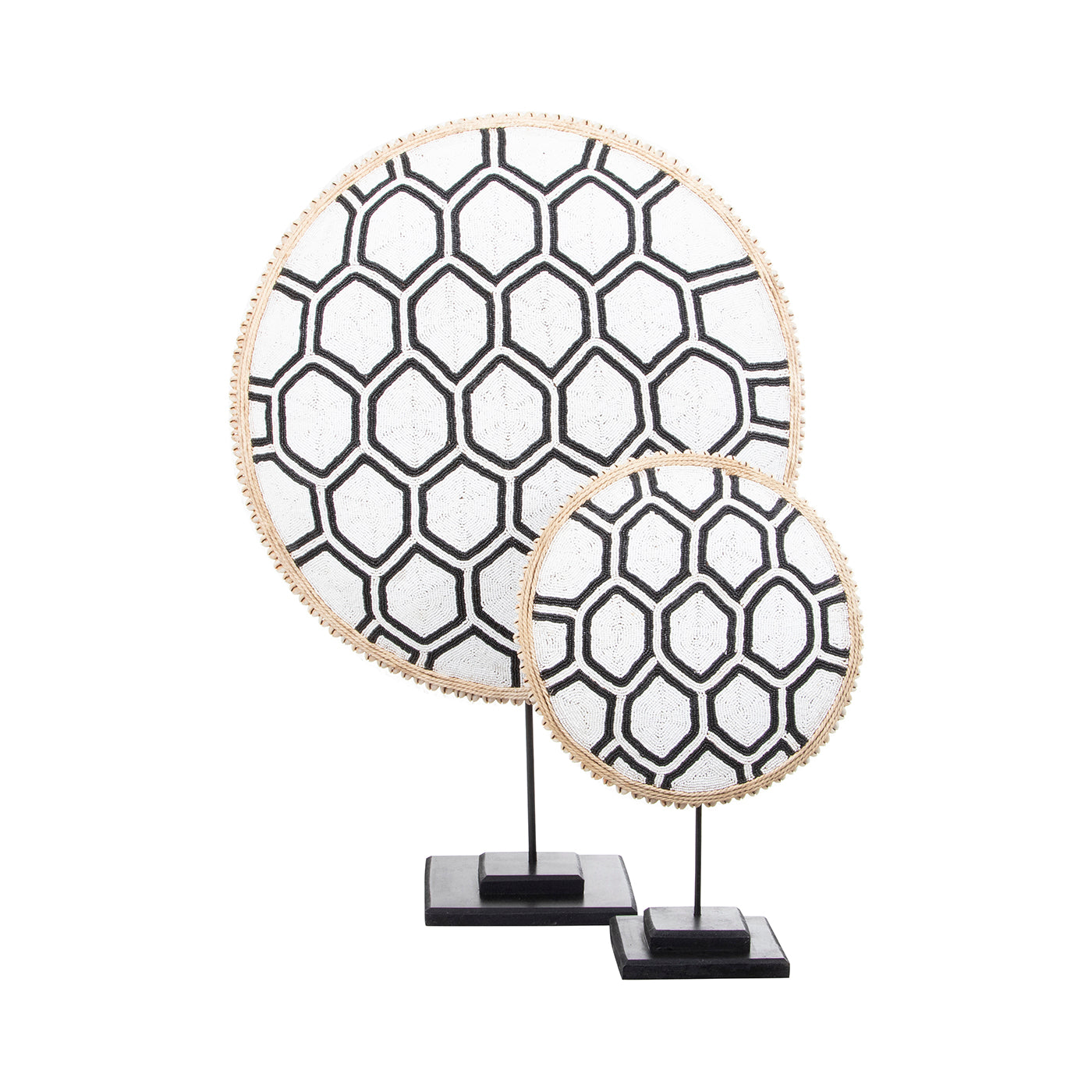 Beaded Cameroon Shield Black & White on stand | Hexagon Dark Design-0