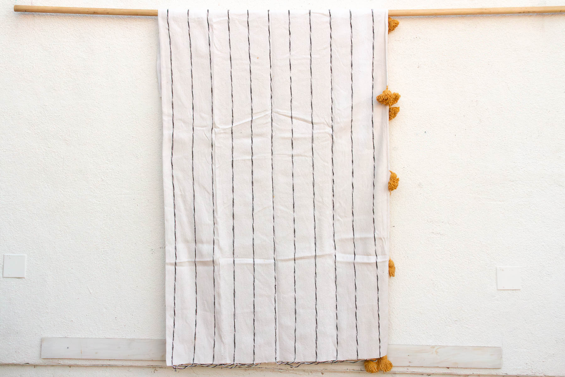 White & Black Pinstripes Moroccan Pom Pom Blanket