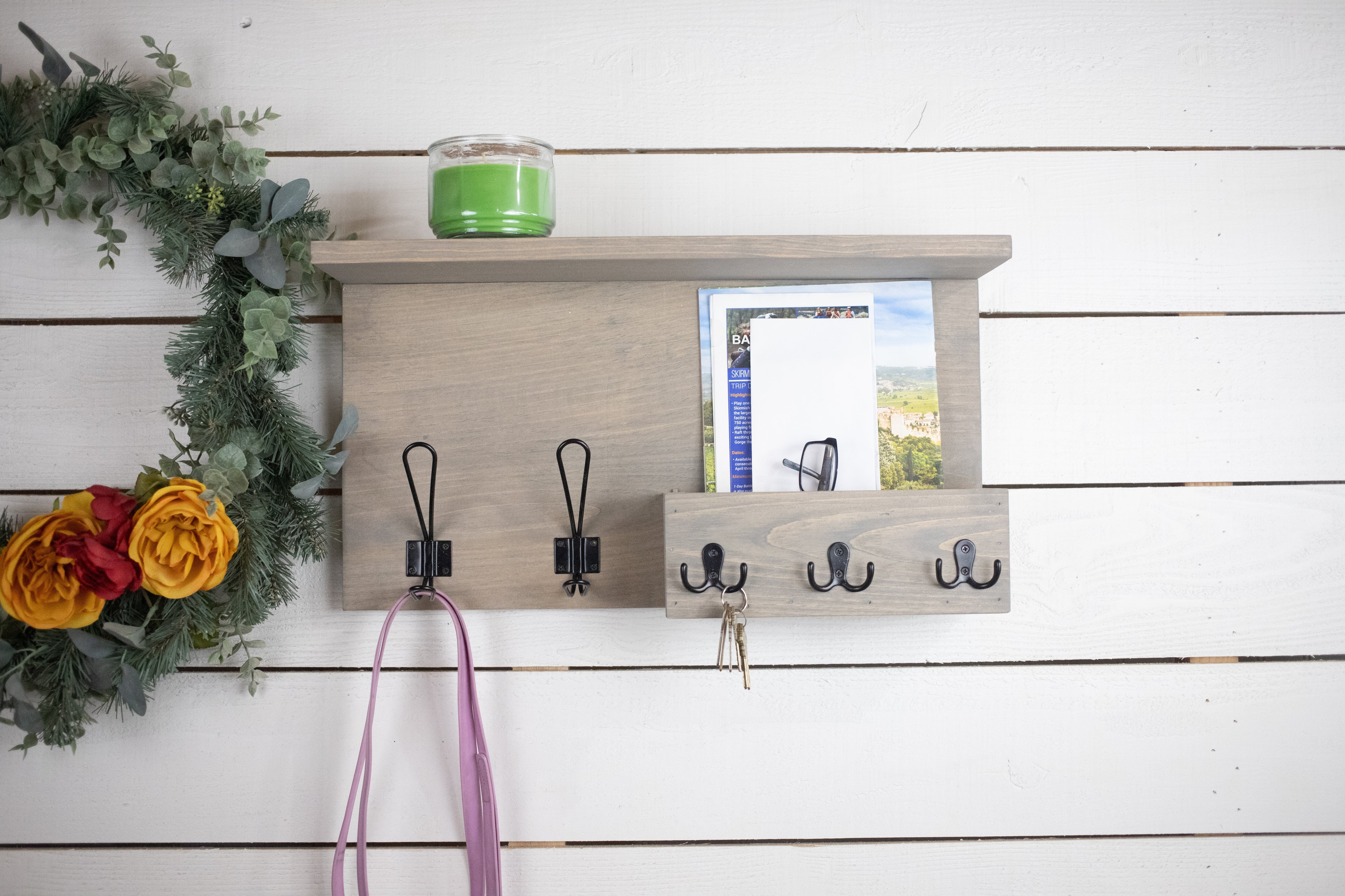 Wooden Home Organization Center with Shelf,  Coat Hooks, Key Hook and Mail Holder-3