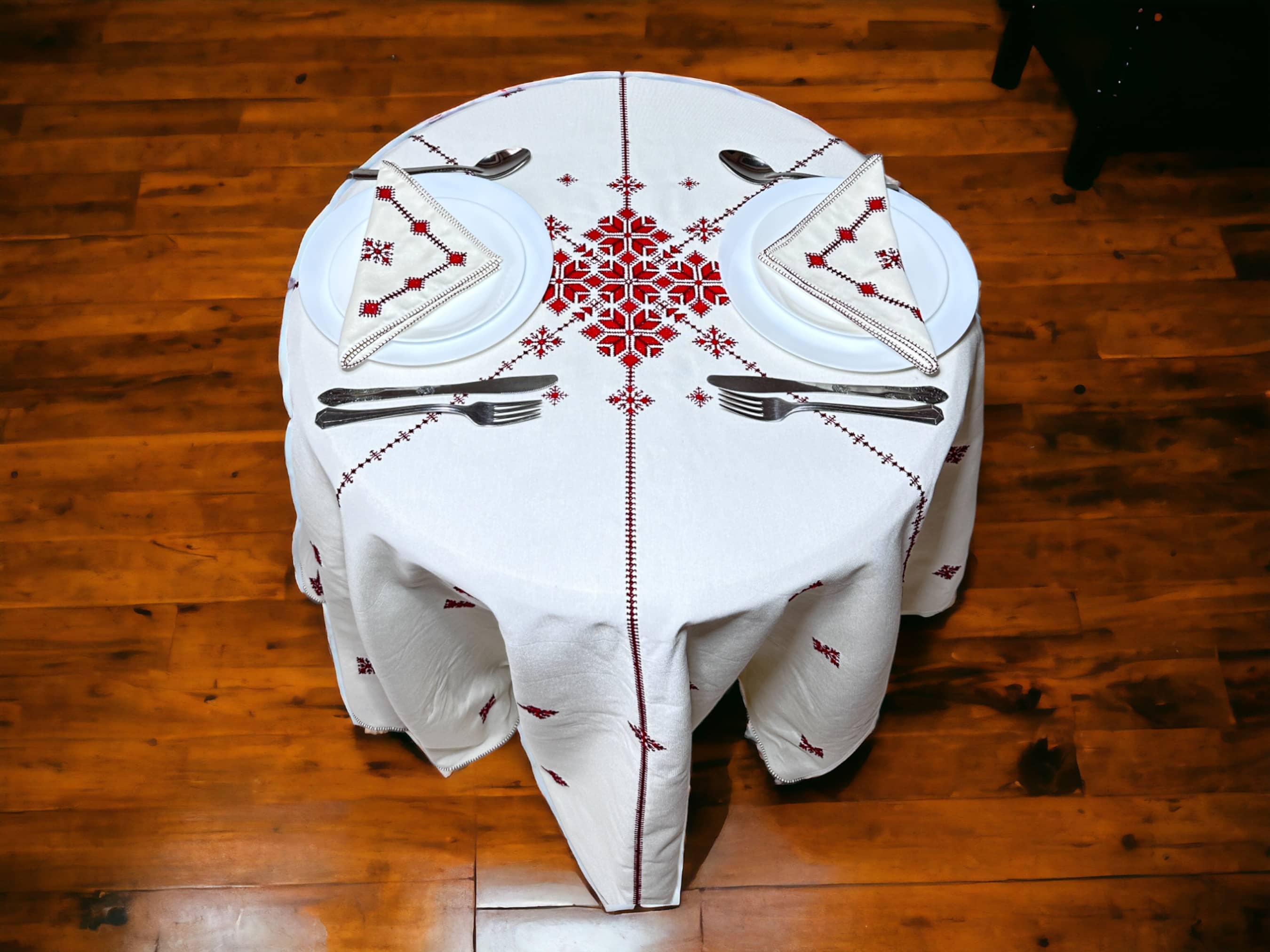 Red Hand Embroidered Table cloth and napkins, a magnificent decoration to add a Moroccan touch to your home.-4