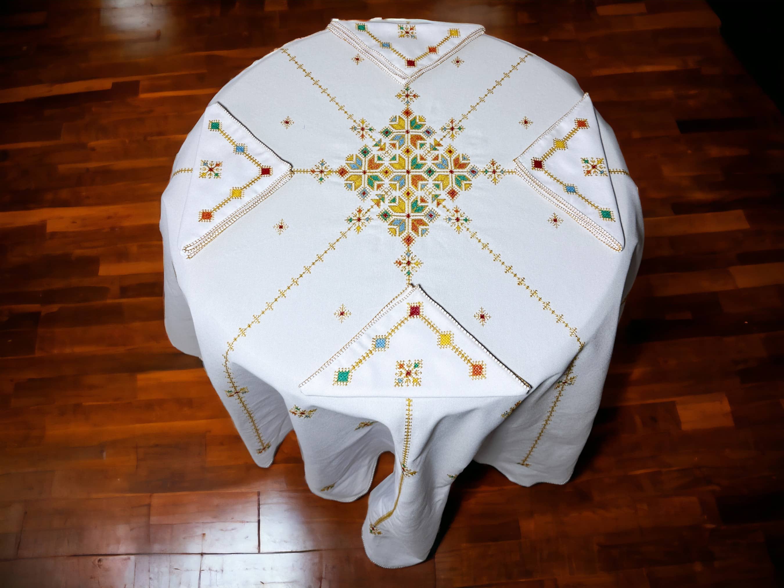 Orange Hand Embroidered Table cloth and napkins, a magnificent decoration to add a Moroccan touch to your home.-3