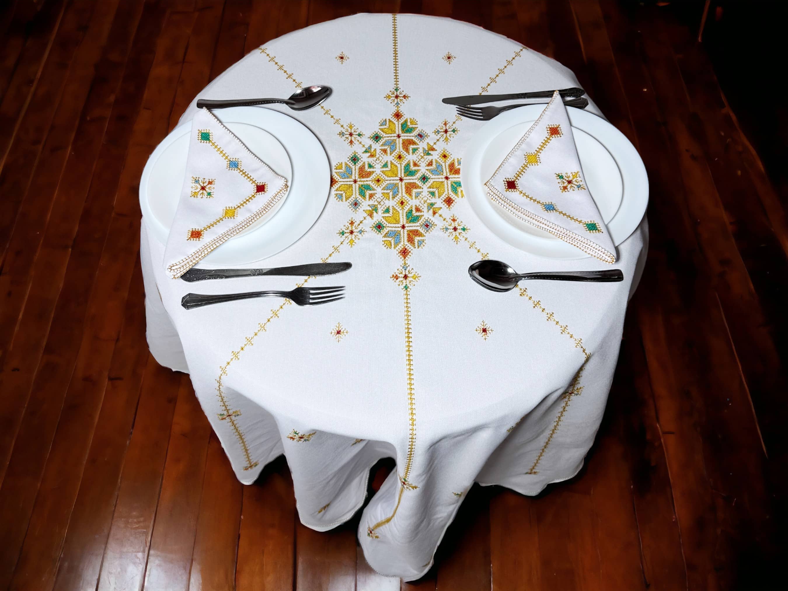 Orange Hand Embroidered Table cloth and napkins, a magnificent decoration to add a Moroccan touch to your home.-4