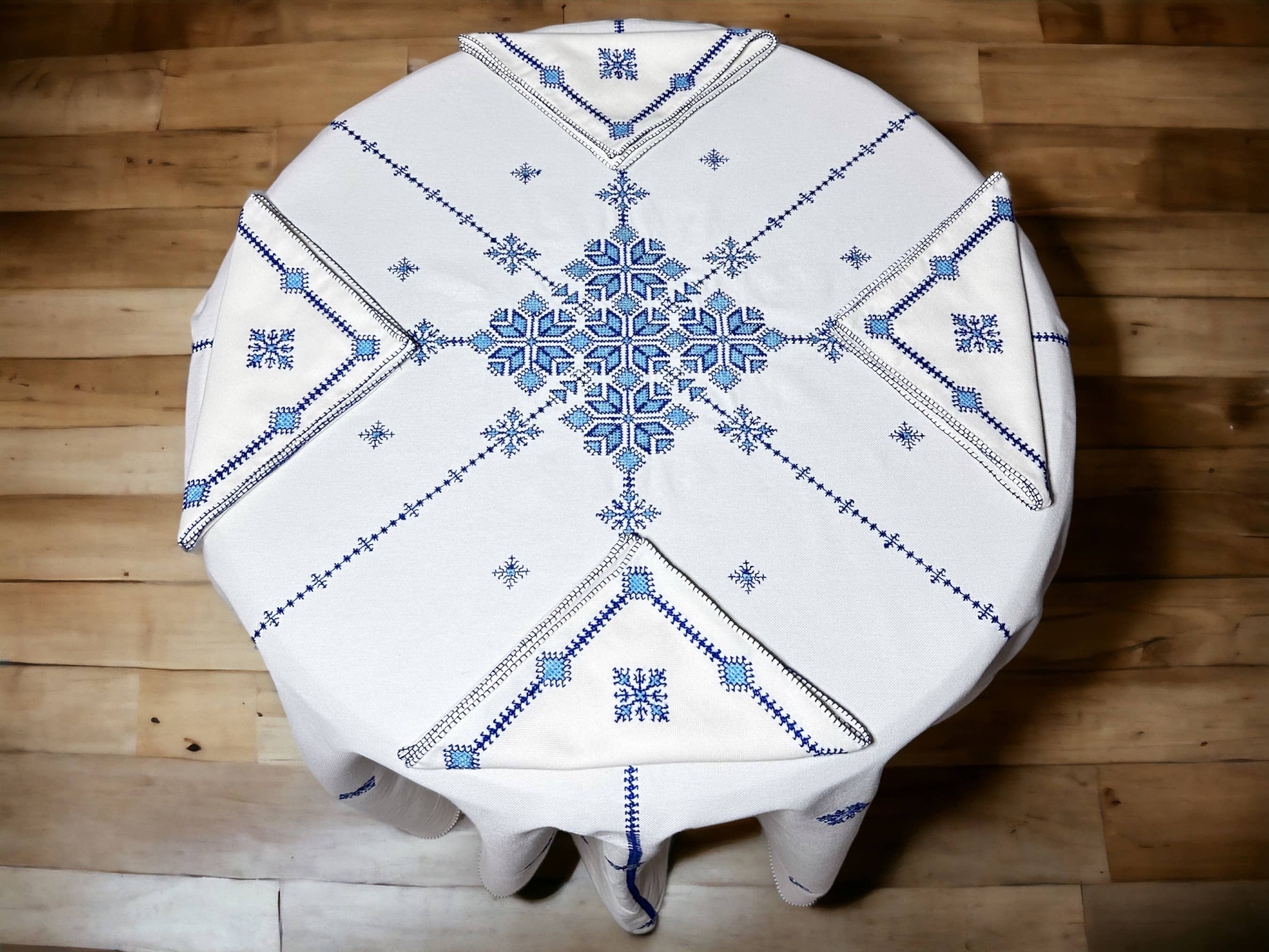 Blue Turquoise Hand Embroidered Table cloth and napkins, a magnificent decoration to add a Moroccan touch to your home.-4