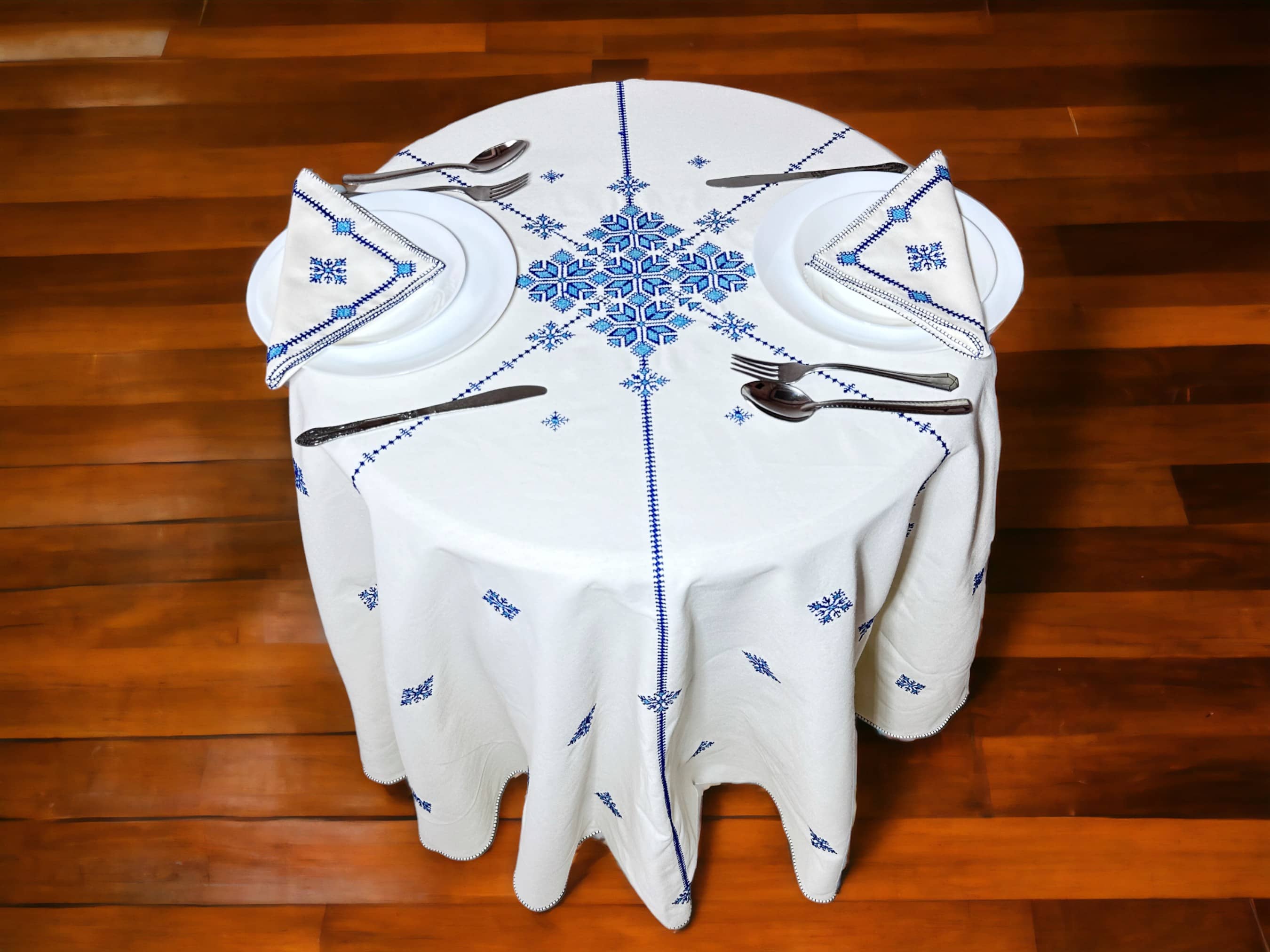 Blue Turquoise Hand Embroidered Table cloth and napkins, a magnificent decoration to add a Moroccan touch to your home.-2