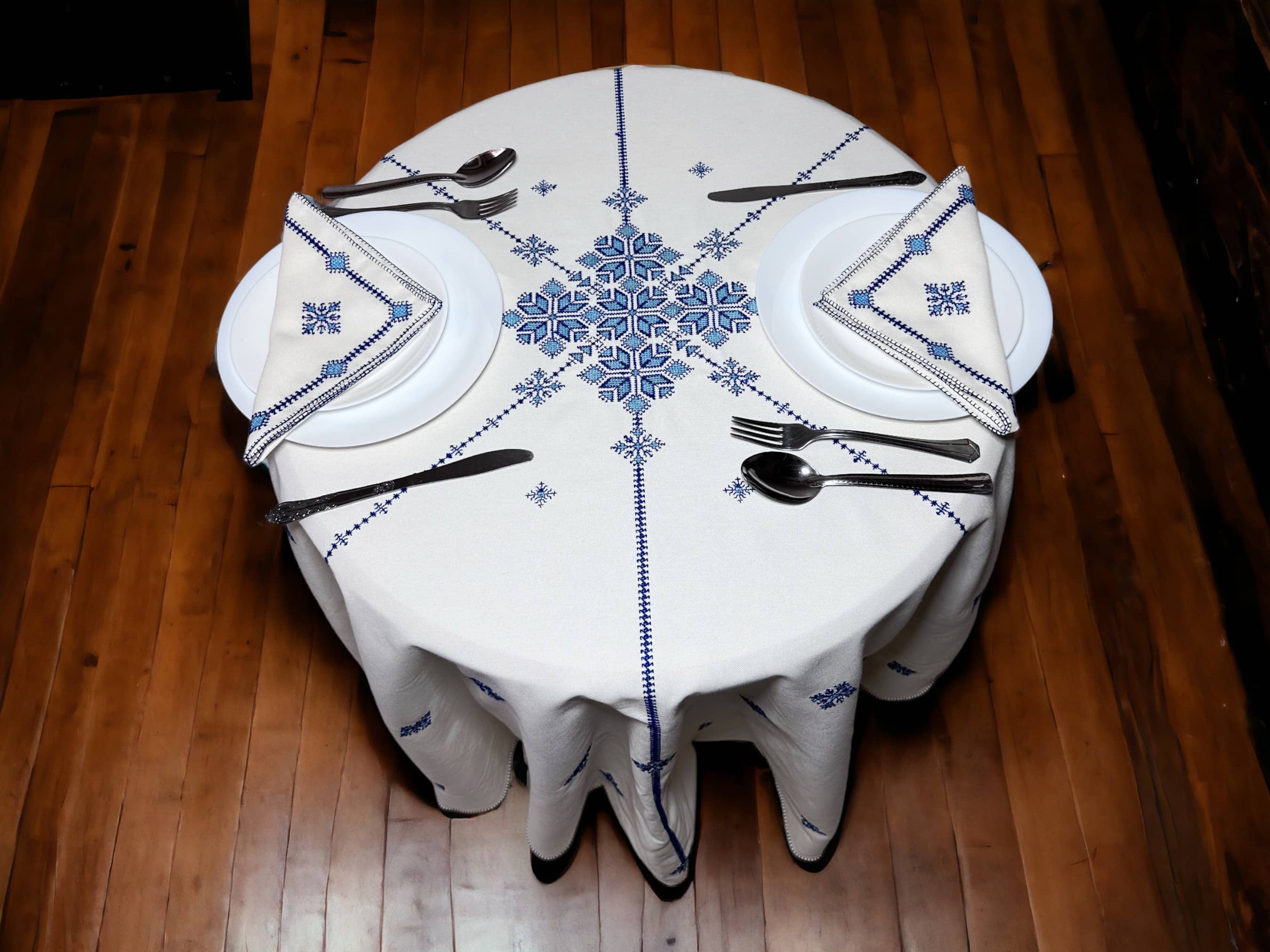 Blue Turquoise Hand Embroidered Table cloth and napkins, a magnificent decoration to add a Moroccan touch to your home.-3