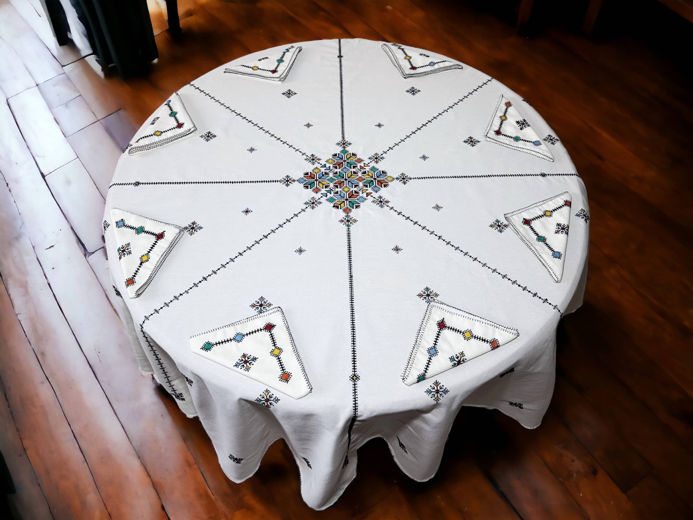 Black Hand Embroidered Table cloth and napkins, a magnificent decoration to add a Moroccan touch to your home.-1