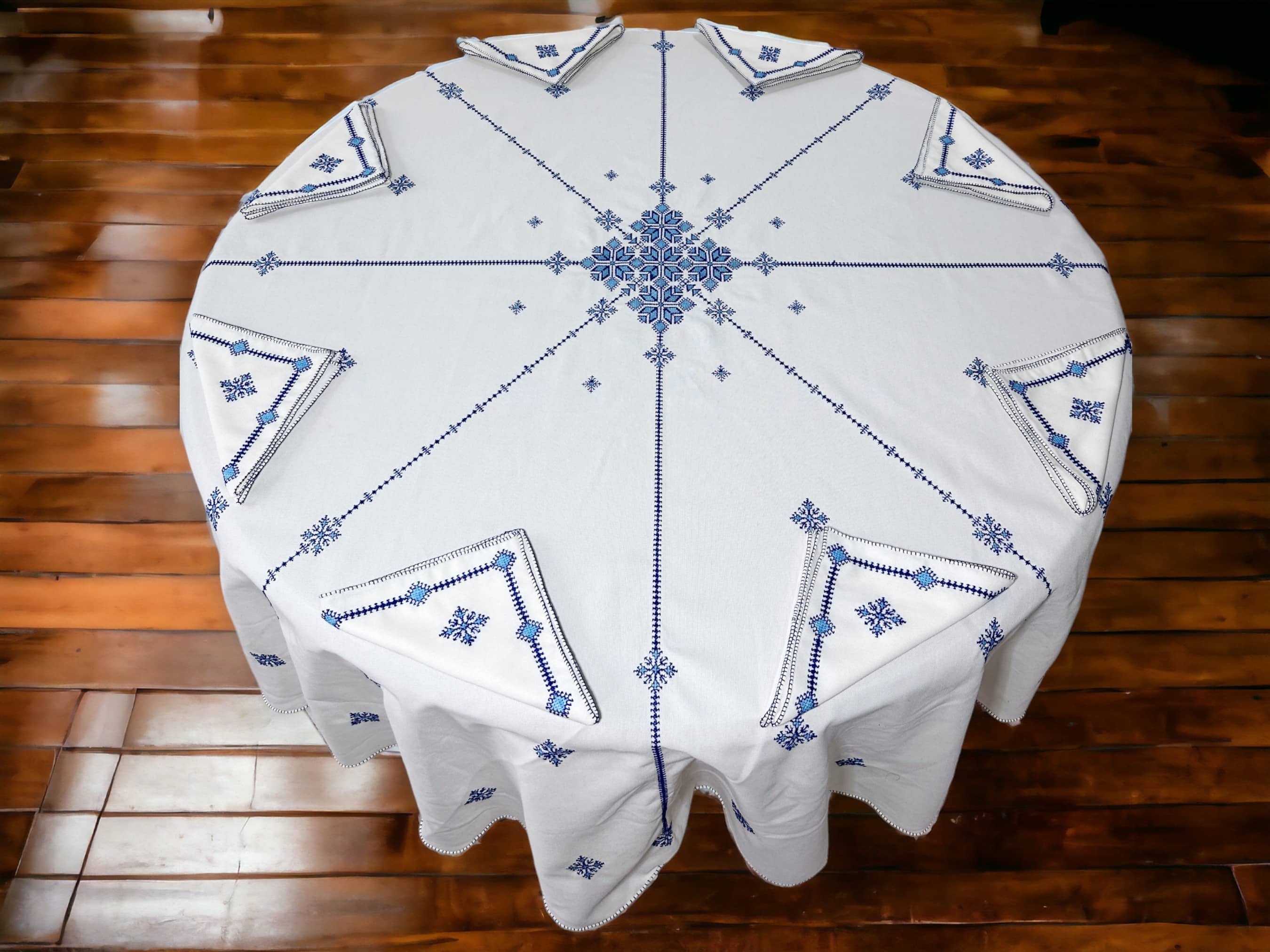 Blue Turquoise Hand Embroidered Table cloth and napkins, a magnificent decoration to add a Moroccan touch to your home.-1