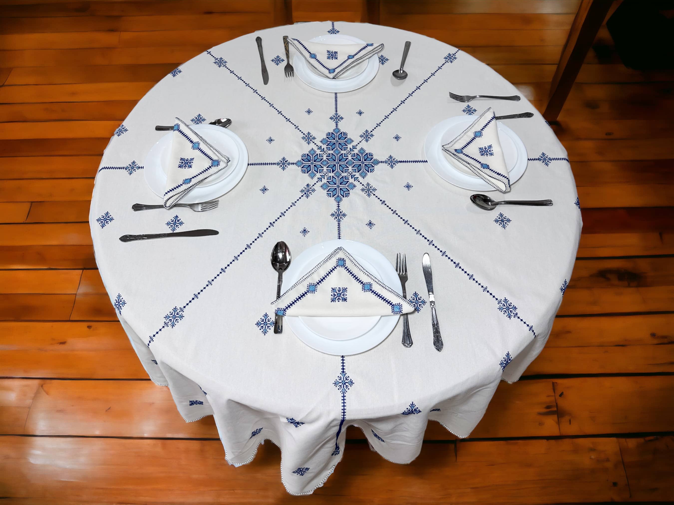 Blue Turquoise Hand Embroidered Table cloth and napkins, a magnificent decoration to add a Moroccan touch to your home.-0