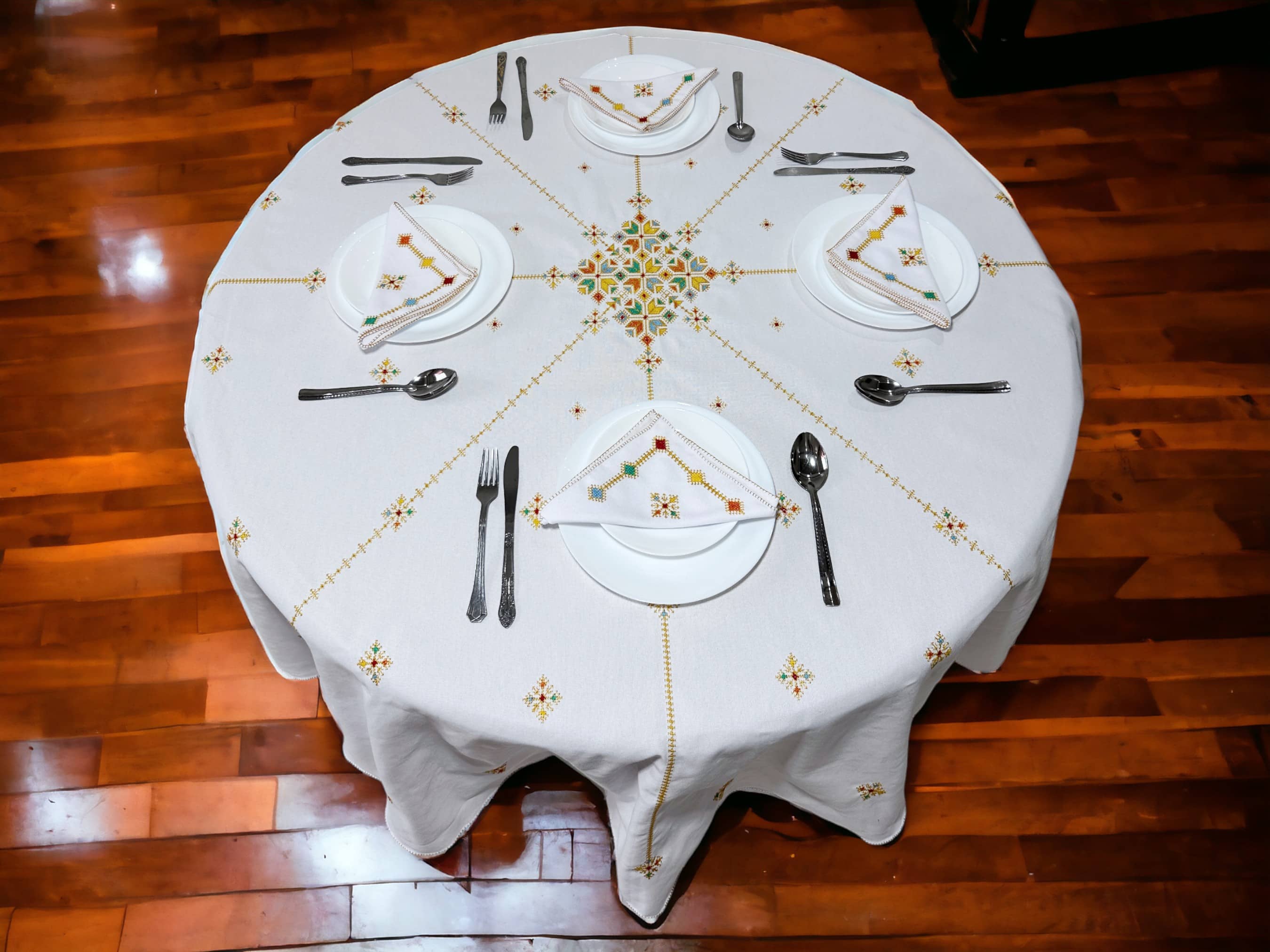 Orange Hand Embroidered Table cloth and napkins, a magnificent decoration to add a Moroccan touch to your home.-0