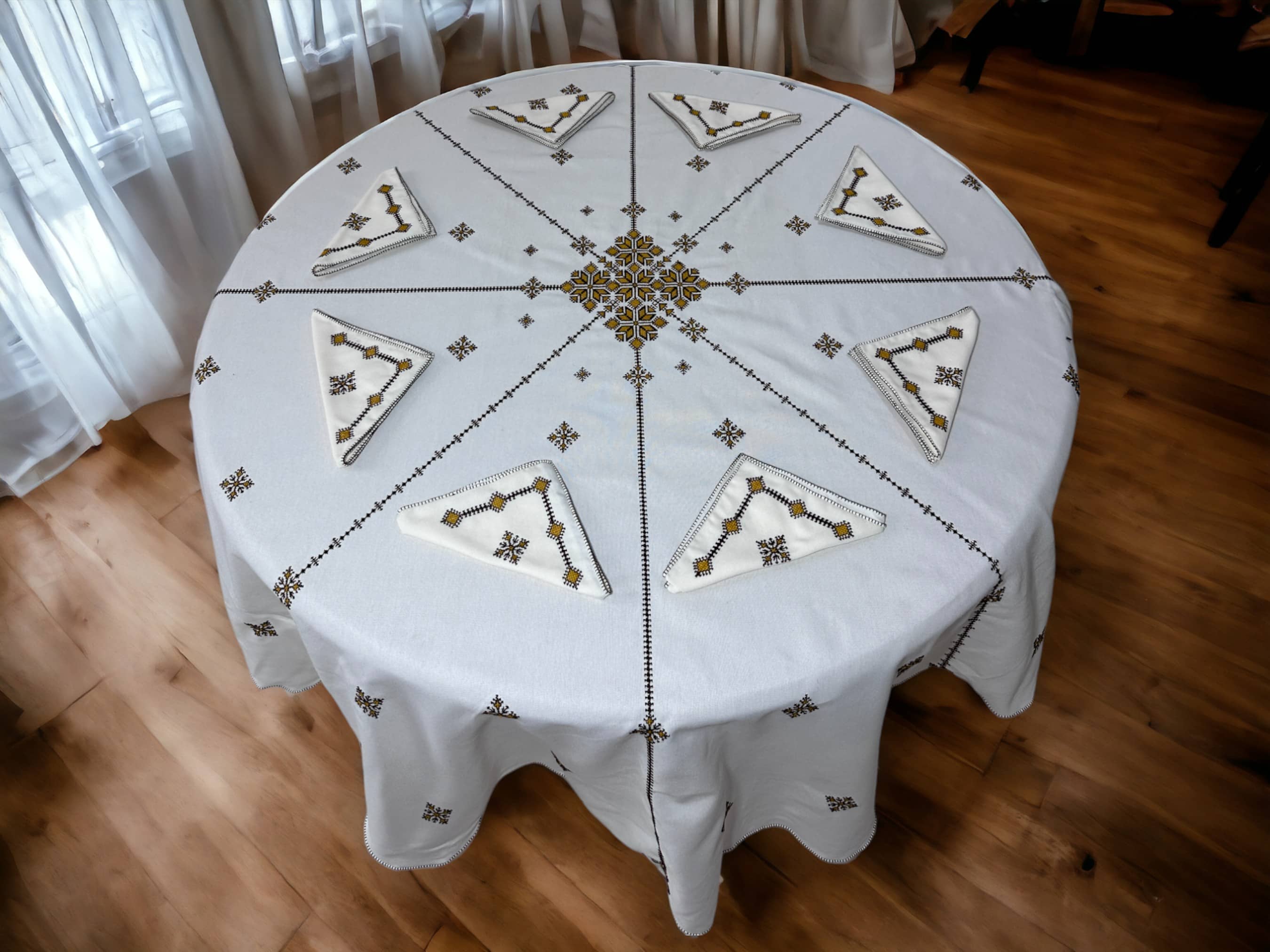 Brown Hand Embroidered Table cloth and napkins, a magnificent decoration to add a Moroccan touch to your home.-1