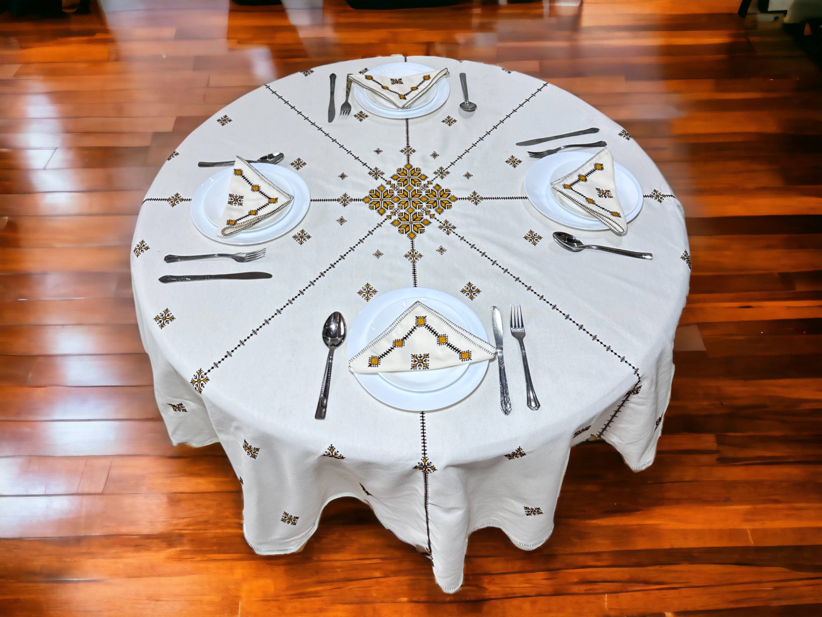 Brown Hand Embroidered Table cloth and napkins, a magnificent decoration to add a Moroccan touch to your home.-0