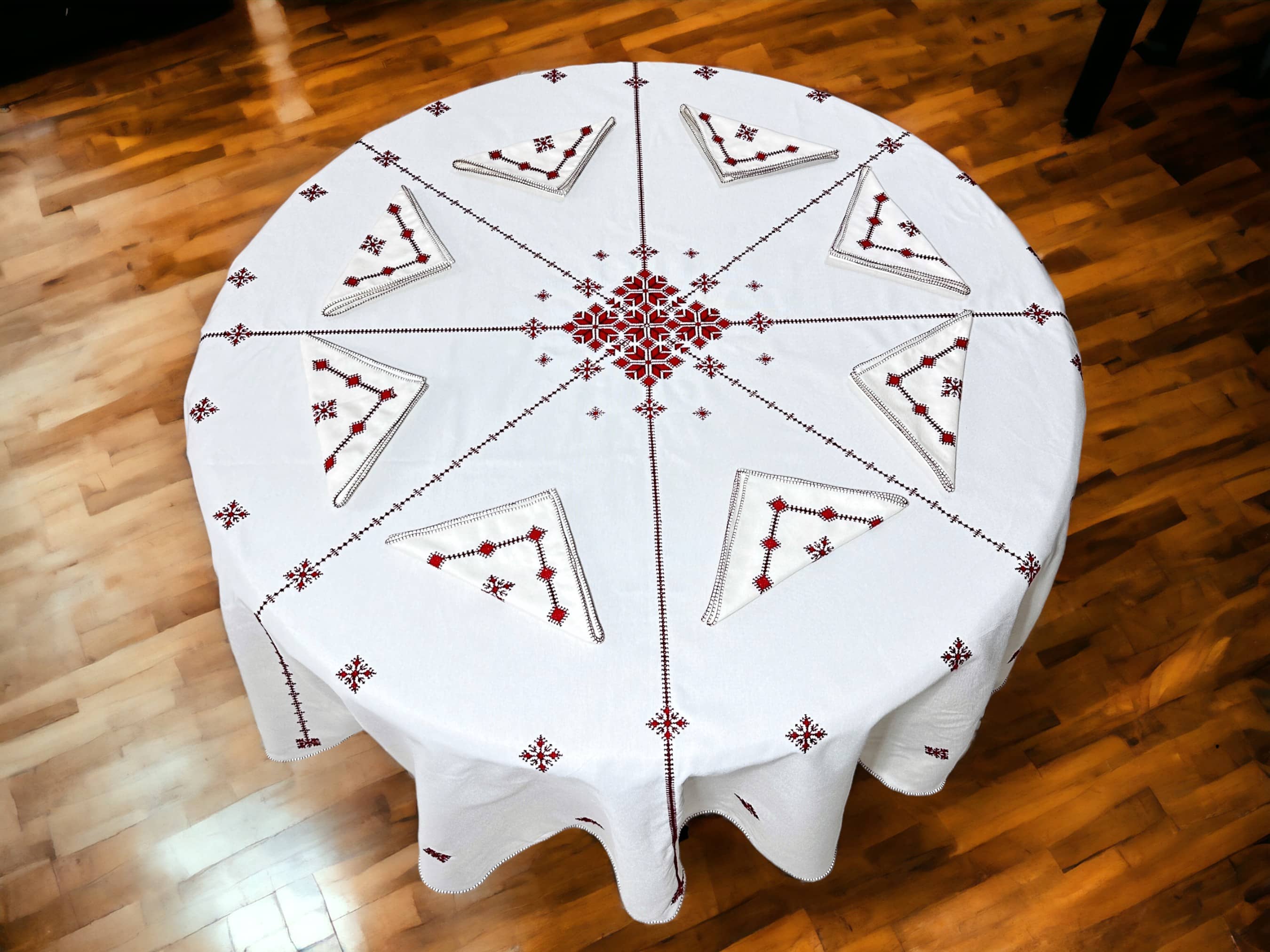 Red Hand Embroidered Table cloth and napkins, a magnificent decoration to add a Moroccan touch to your home.-1