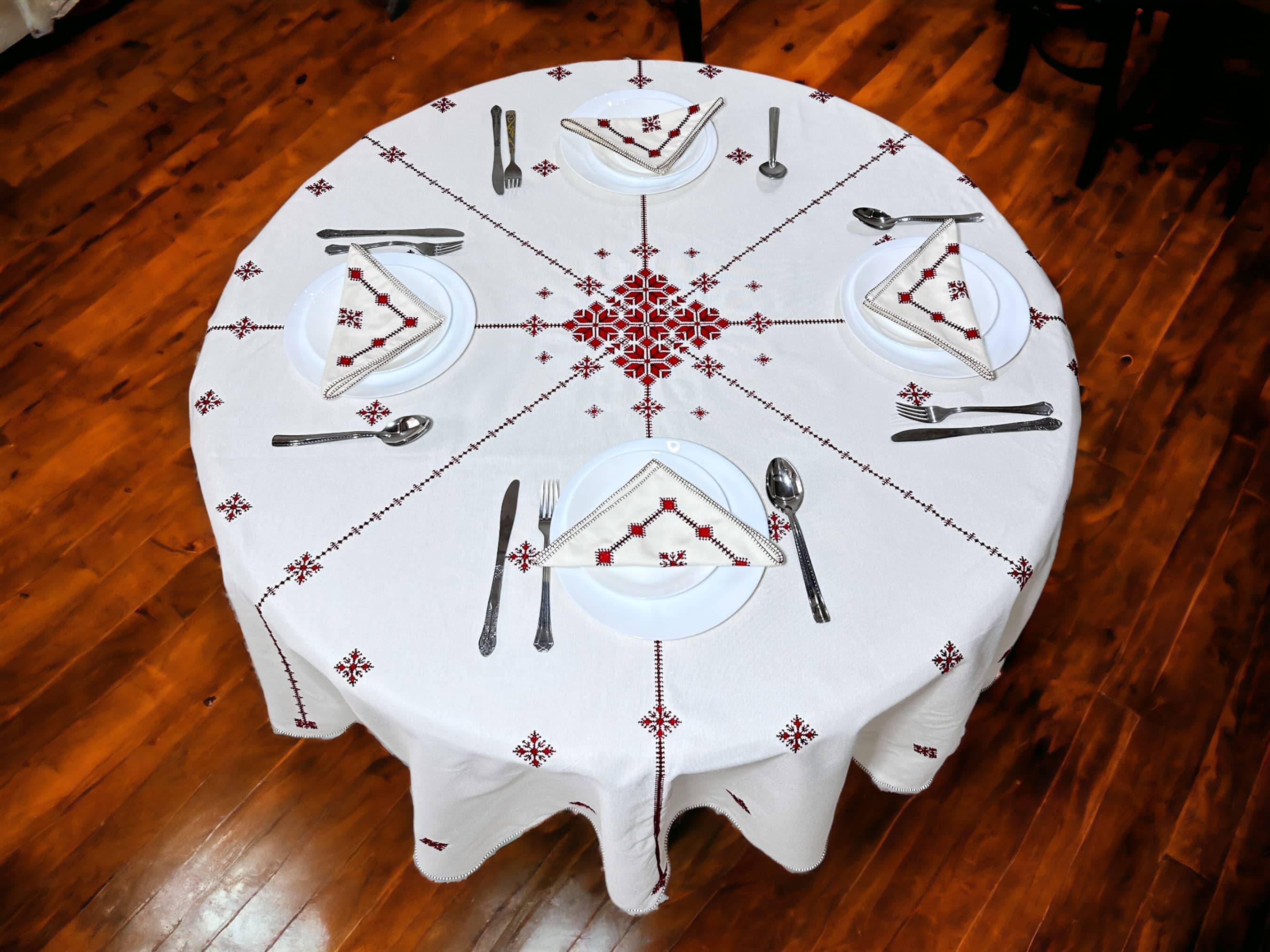 Red Hand Embroidered Table cloth and napkins, a magnificent decoration to add a Moroccan touch to your home.-0