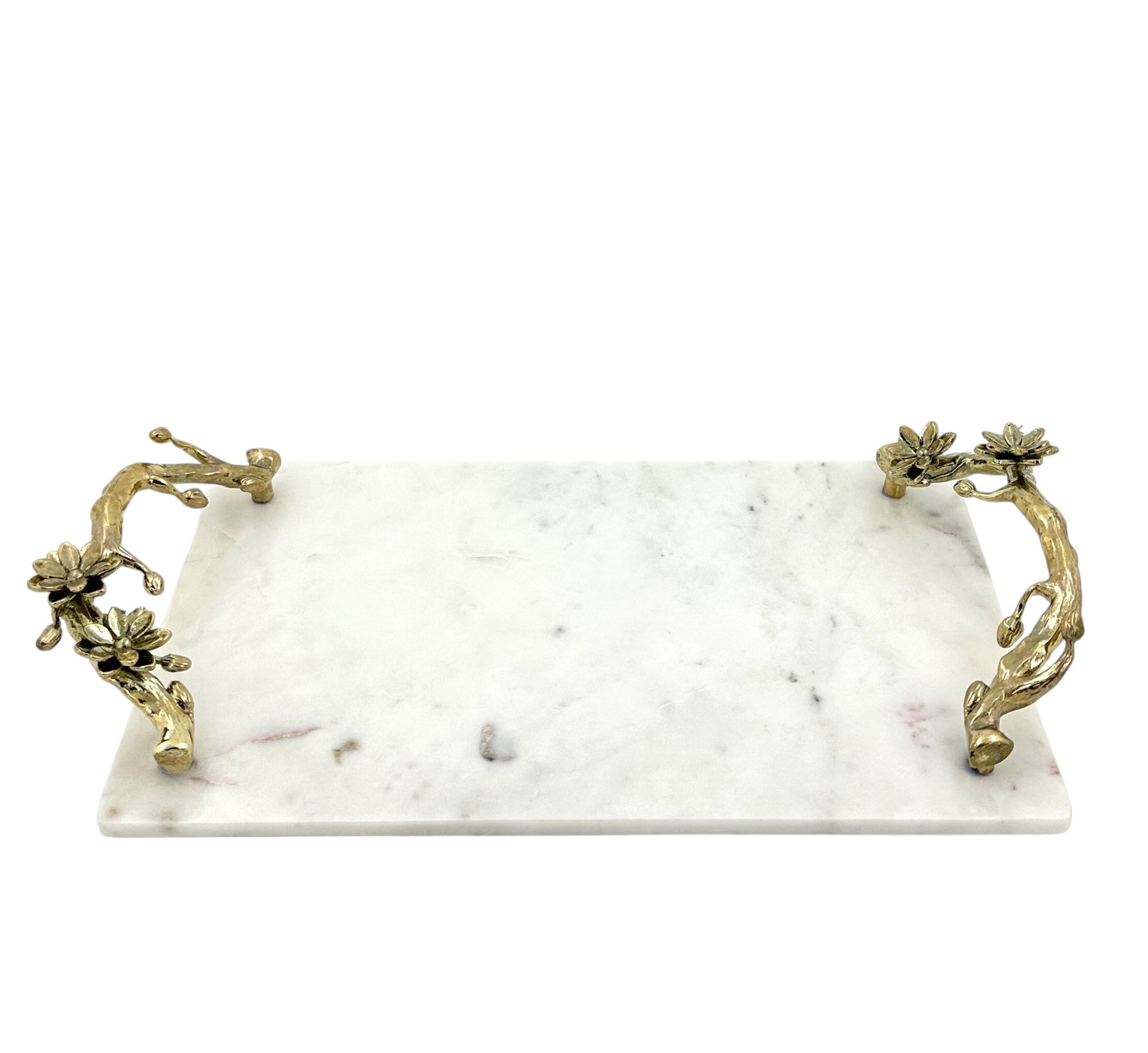 White Marble Tray with Gilded Floral Handles-0