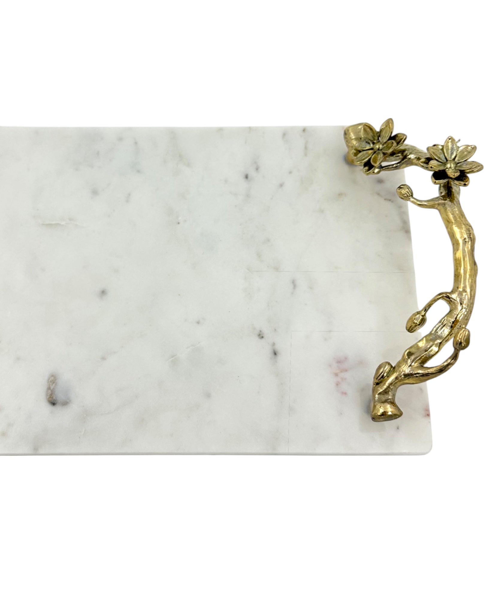 White Marble Tray with Gilded Floral Handles-1