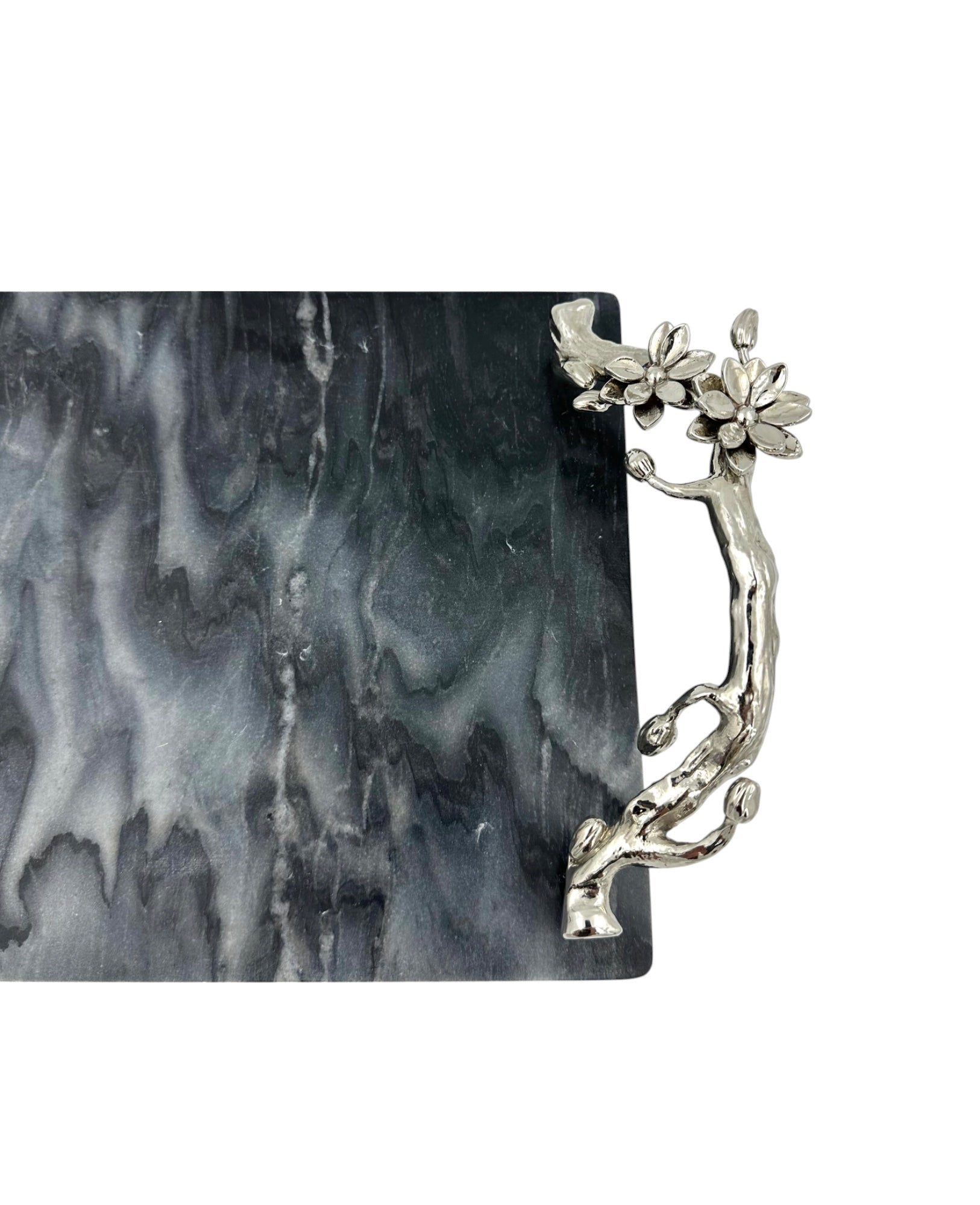 Black Marble Tray with Gilded Floral Handles-5
