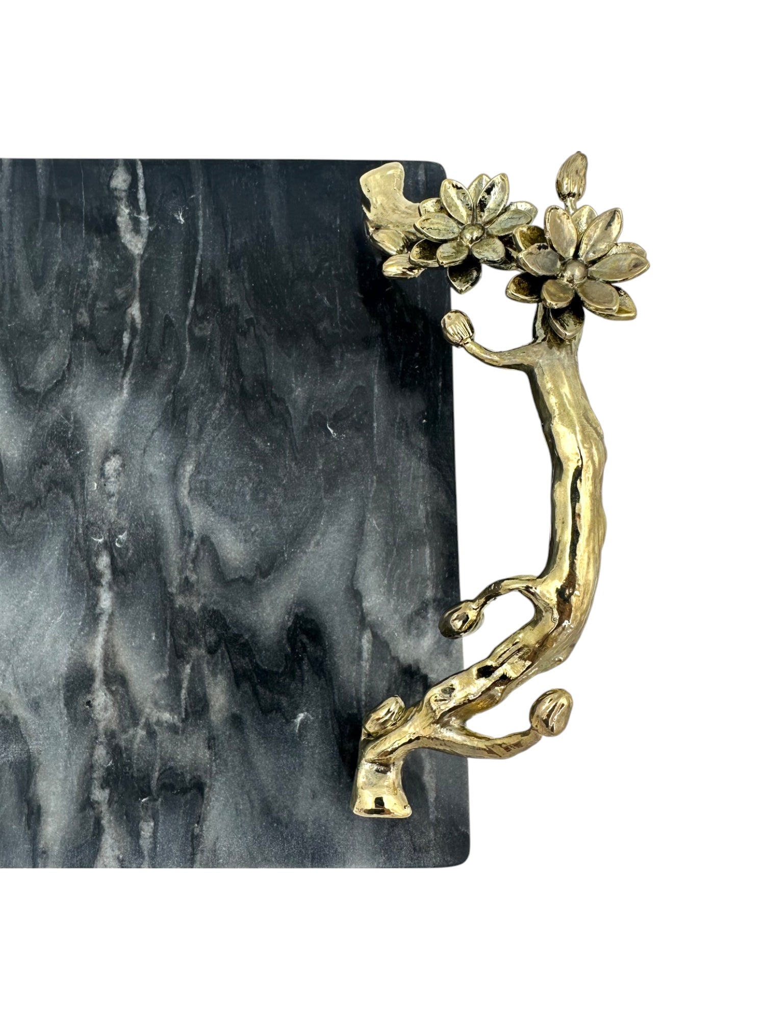 Black Marble Tray with Gilded Floral Handles-1