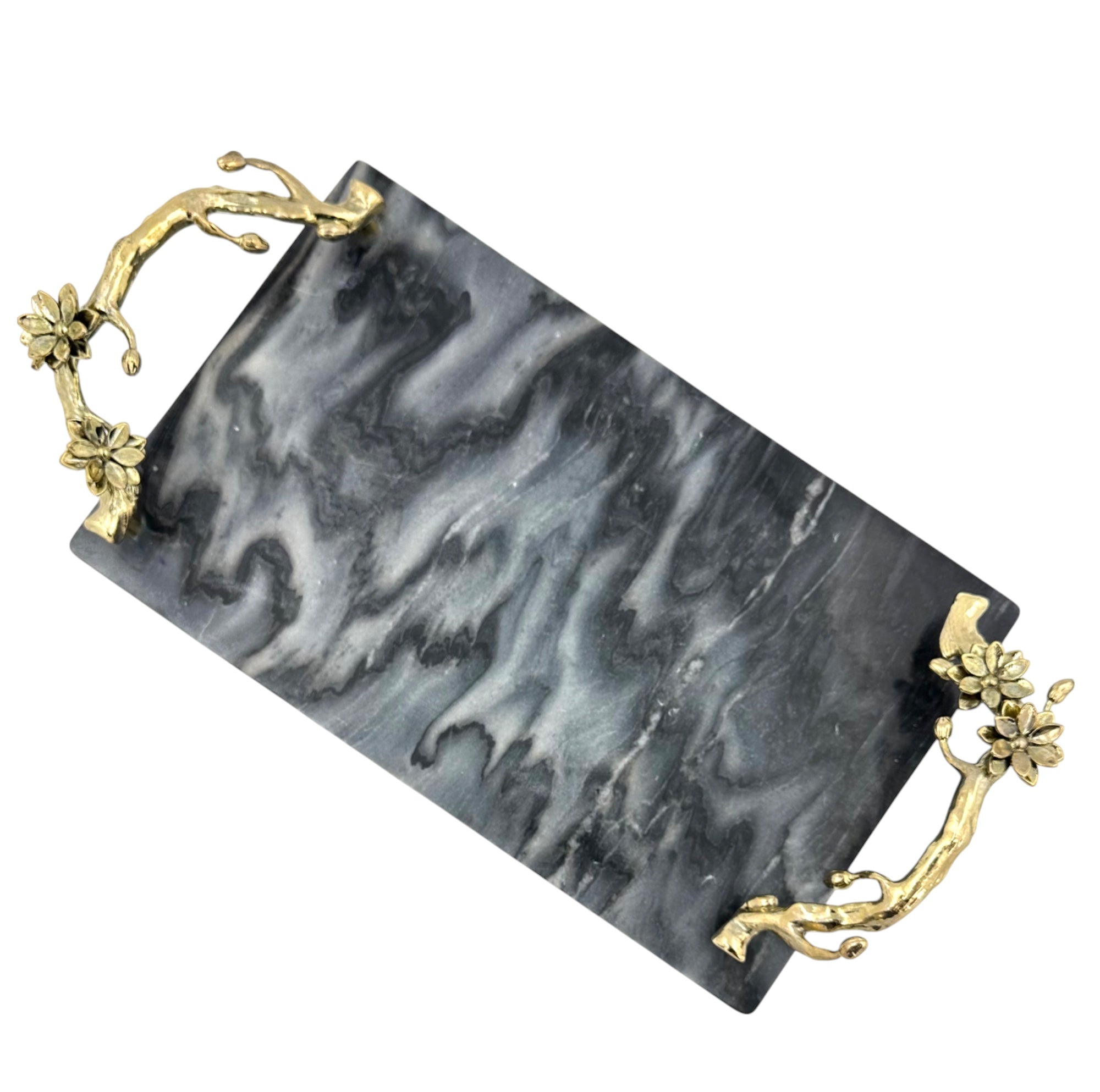 Black Marble Tray with Gilded Floral Handles-0