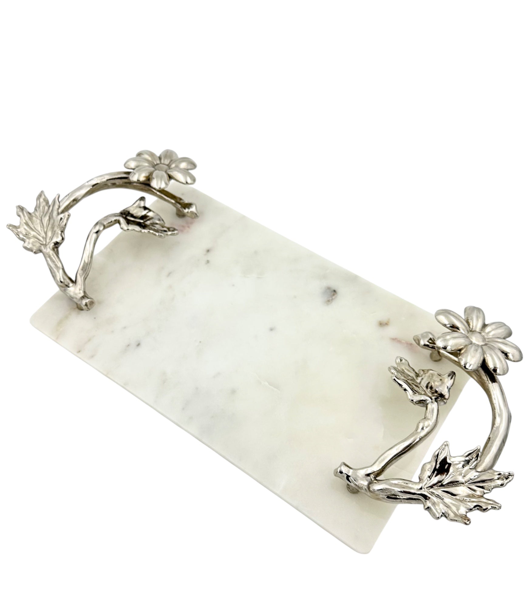 White Marble Tray with Gilded Floral Handles-5