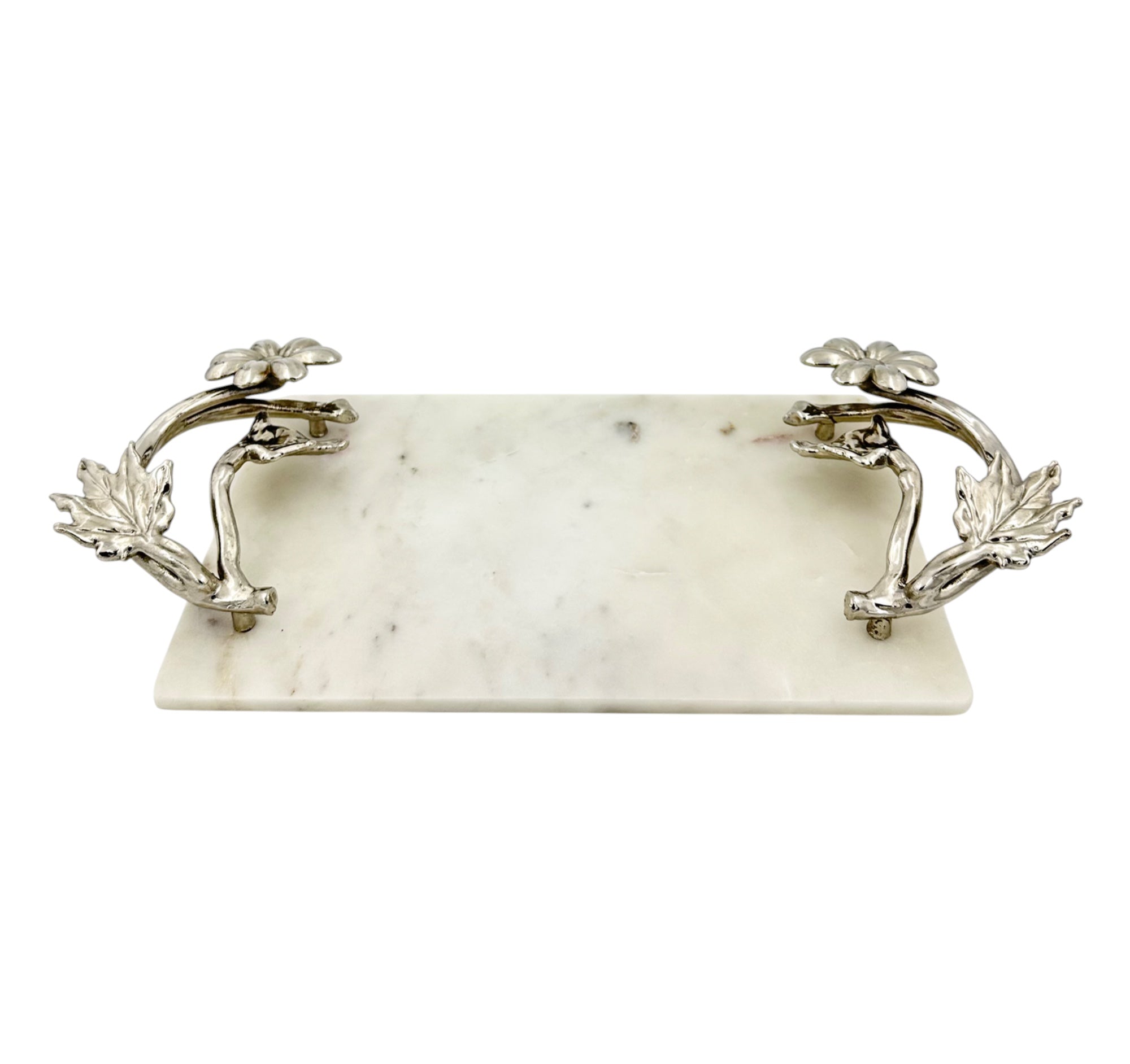 White Marble Tray with Gilded Floral Handles-4