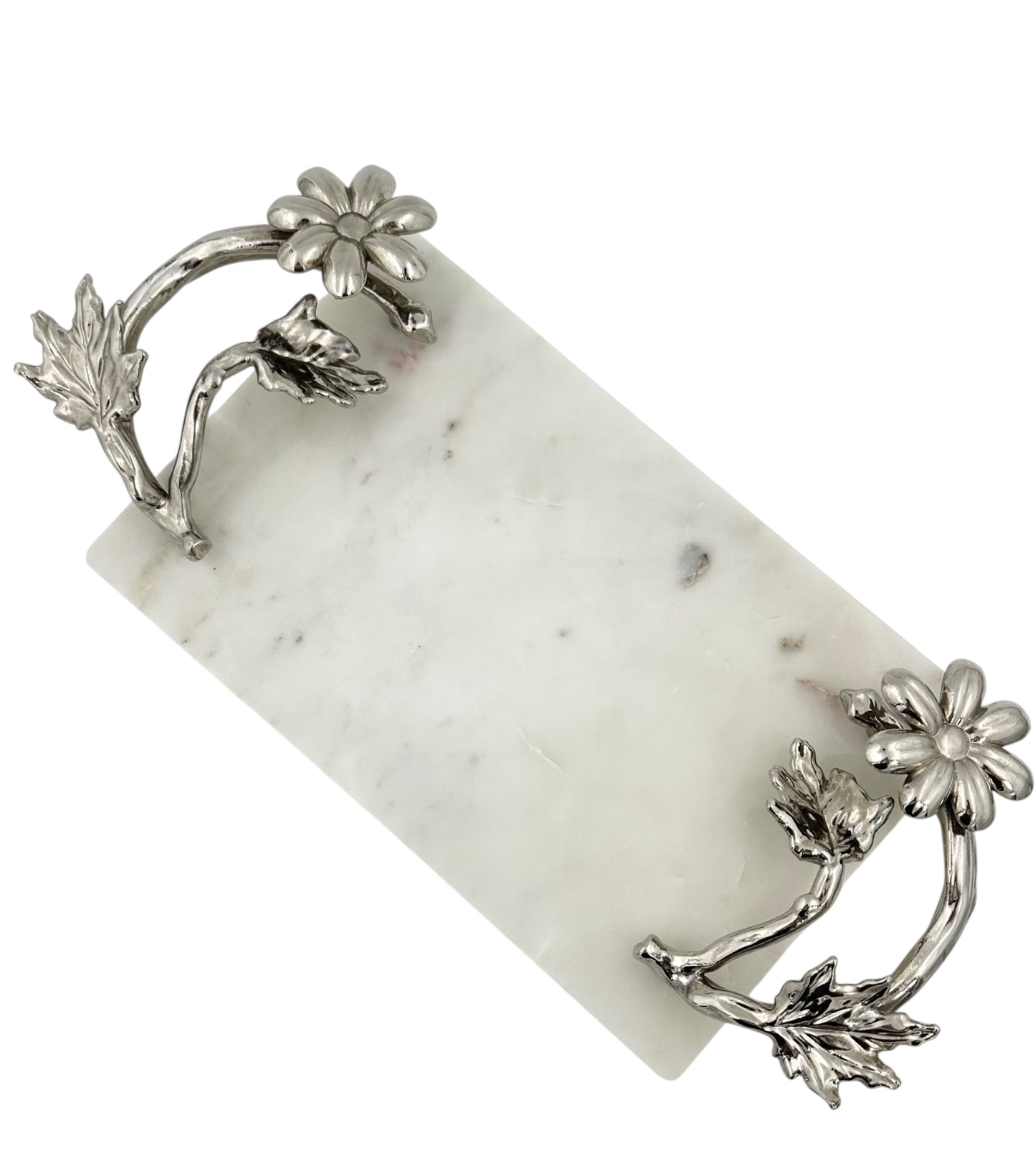 White Marble Tray with Gilded Floral Handles-3