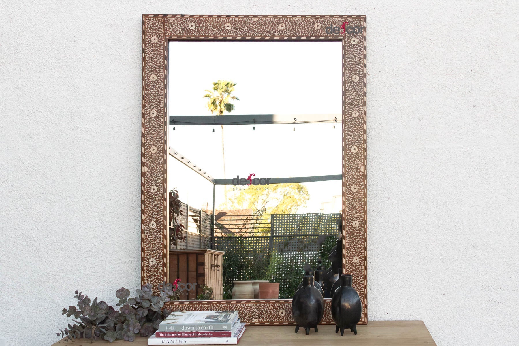 Grand Artisanal Floral Inlay Walnut Finish Mirror