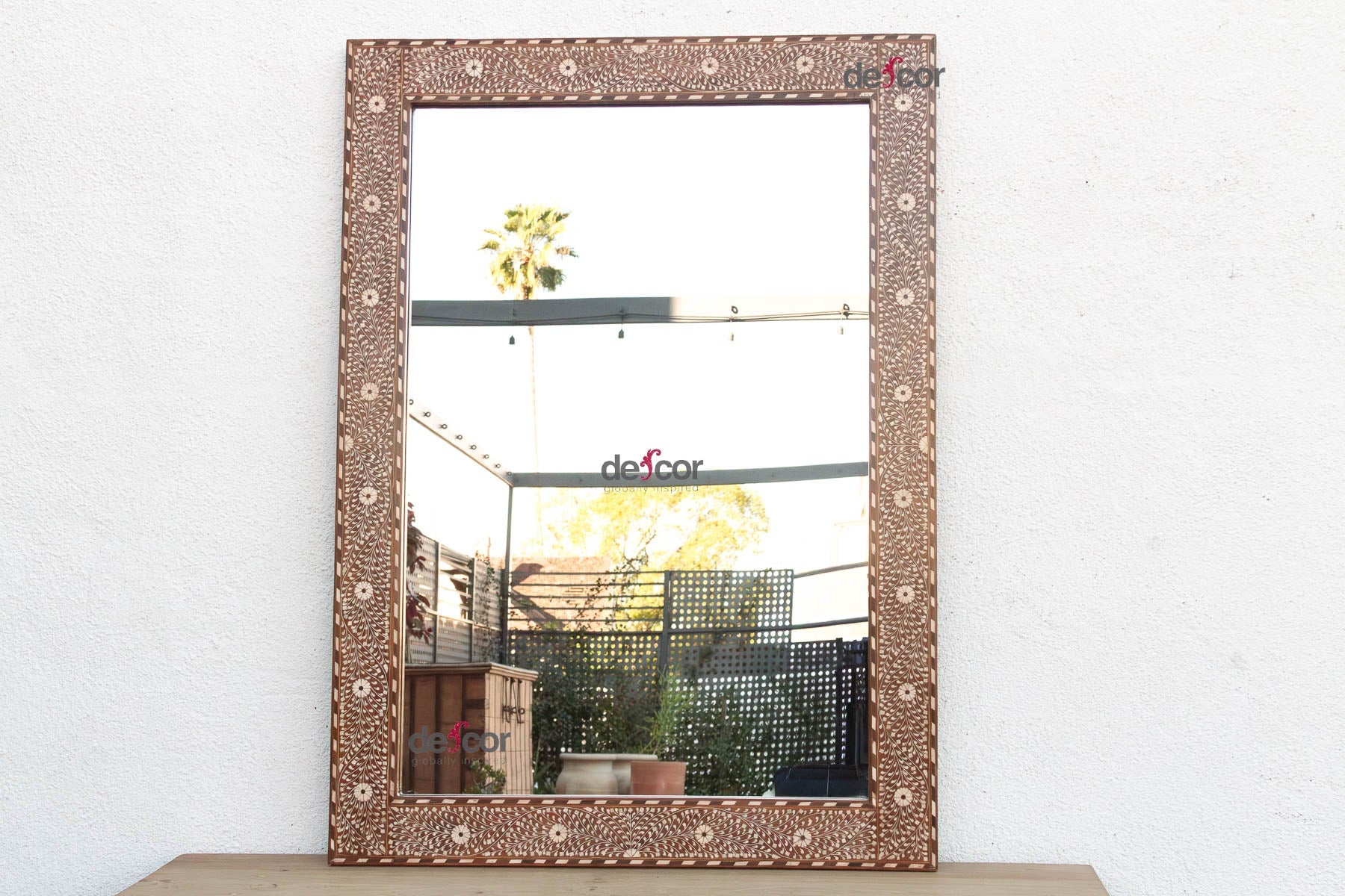 Grand Artisanal Floral Inlay Walnut Finish Mirror