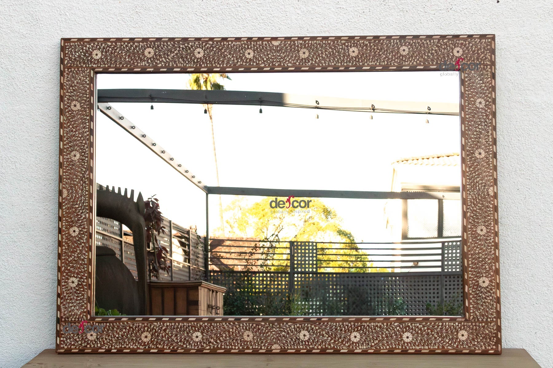 Grand Artisanal Floral Inlay Walnut Finish Mirror