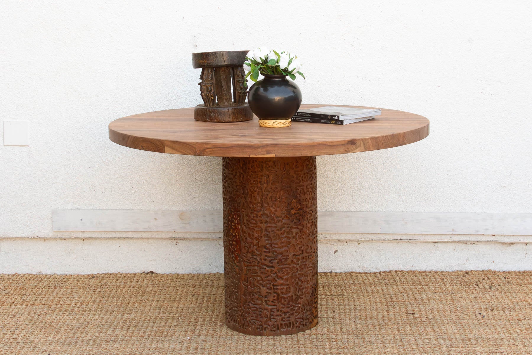 Finely Carved Reclaimed Teak Round Pedestal Dining Table