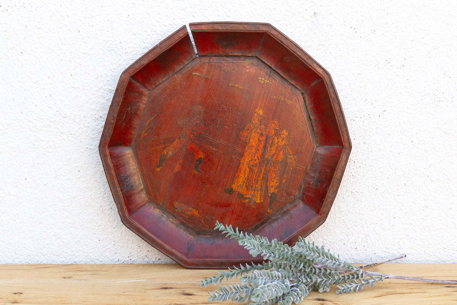 Antique Wooden Platter with Figurative Gilt Scene