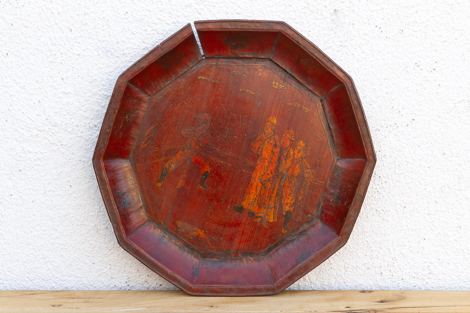 Antique Wooden Platter with Figurative Gilt Scene