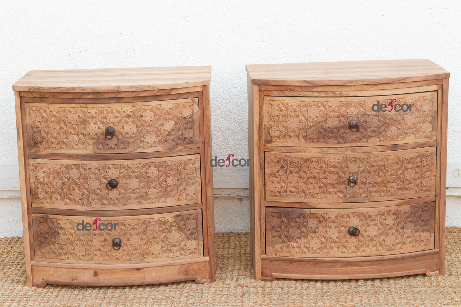 Set of 2, Reclaimed Wood Bow Front Carved Bedside Dressers